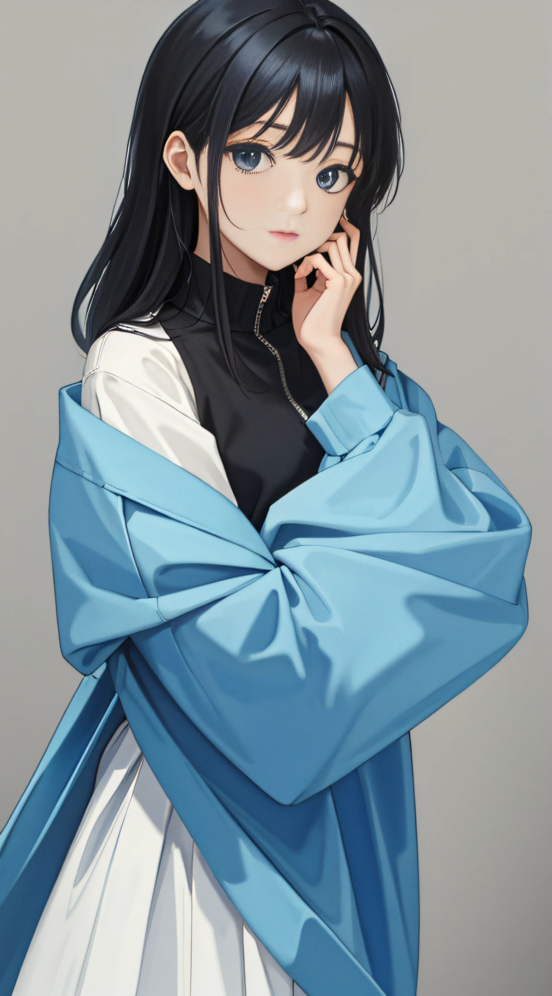 (best quality:1.2), (masterpiece:1.2), looking at viewer, blue theme, beige theme, black hair,