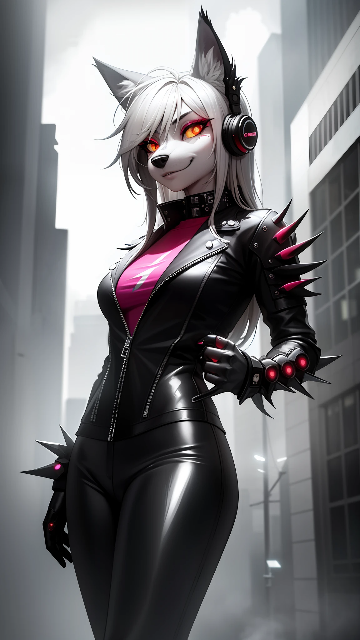 A very detailed portrait of a lone wolf girl standing on a street corner, (anthro, furry, muzzle: 1.2), mustaches, during a storm with lightning and a cloudy sky, neon and cyberpunk background, wears punk clothes and a tight latex pants with silver chains and silver spikes, has a butterfly wing clip in her wild hair, has headphones and a tie, small, detailed bright red eyes with distinct pupils, ominous halo aura, smile, punk, cyberpunk, backlighting, masterpiece, best quality, intricate detail, absurd, high detail Color RAW Photo, highly detailed, rough lighting, cinematic lighting, detailed eyes, distinct pupils, contrast, hard light, gigapixel, 8k resolution, beautiful, cinematic, elegant, hyper-realistic, octane, unreal, unreal, high definition, 8k resolution, highly detailed, 8k uhd, professional lighting, photon mapping, radiosity, physics-based rendering, award-winning photography, detailed face, backlight, ultra-realistic, ray tracing, vivid look, cinematic lighting