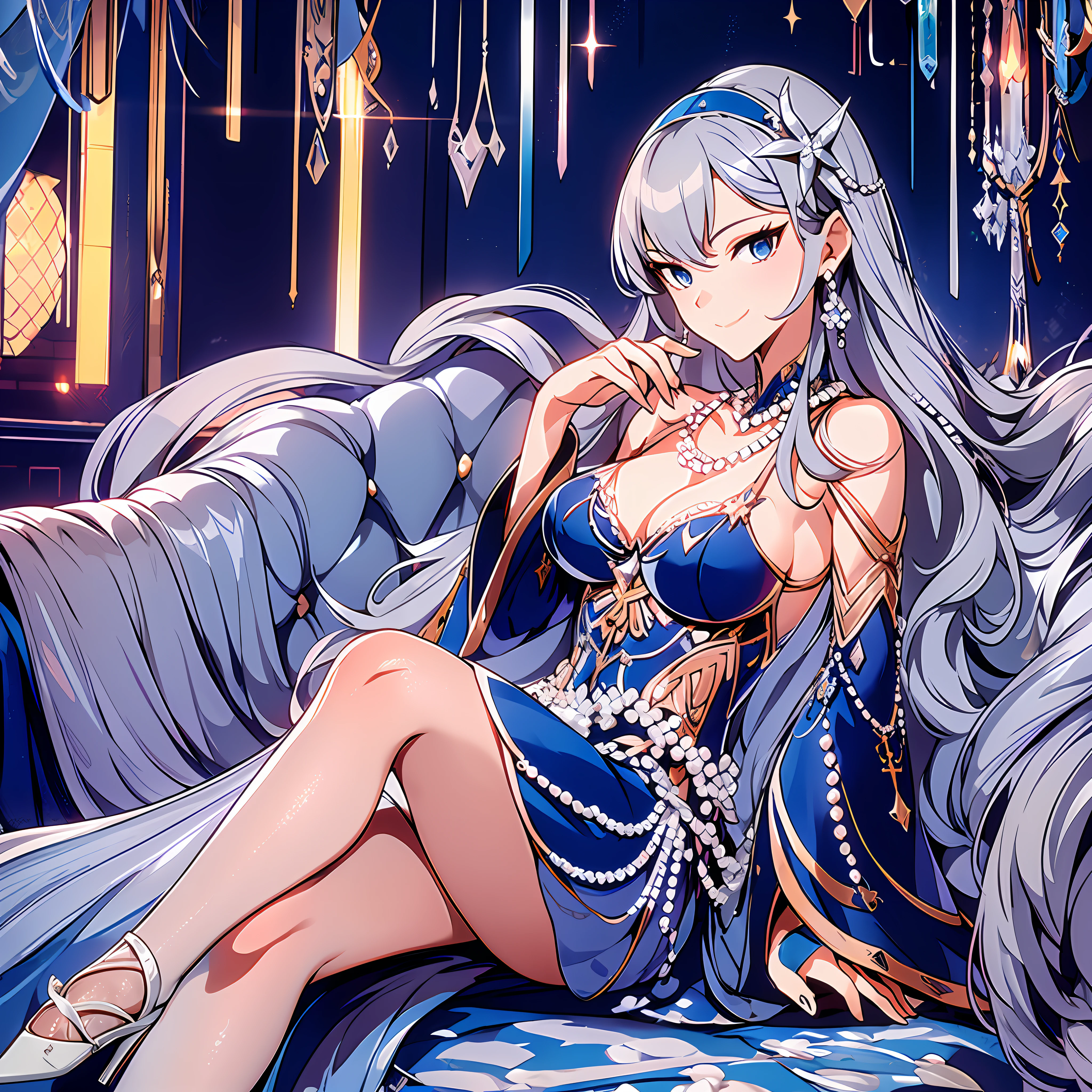 Masterpiece, 30 years age, female, long Silver hair, wearing mermaid headband, pearl necklace, Slanted eyes, blue navy sexy dress, high heels, sitting Cross your legs, smile expression, with a sharp gaze, beautiful face, close up