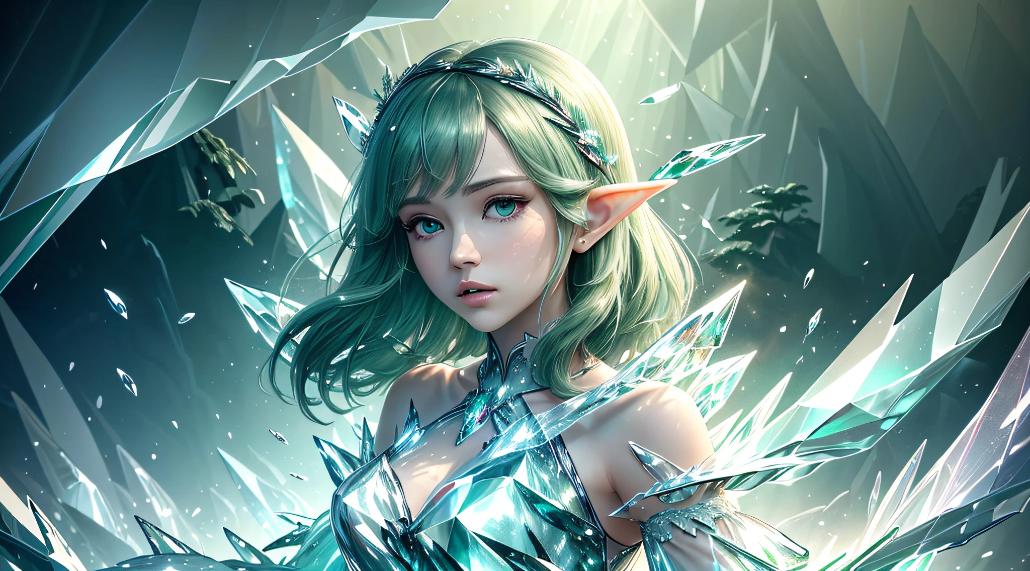 (Masterpiece, Top Quality, Best, Official Art, Beautiful and Aesthetic, Long Exposure: 1.2), Smooth Movement, Charming Patterns, 1 Girl, (Long Dress with Sleeves: 1.3), (((Green Clothes) )), upper body close-up, bare shoulders, Chinese girl, blush, black lob hair, portrait, solo, upper body, looking at the observer, detailed background, detailed face, (crystallineAI, crystalline theme:1.1), elemental wood elf, rotation foliage, control foliage, emerald clothing, dynamic pose, floating particles, ethereal dynamics, foliage, vapor, forest in the background, green tint, forest, ethereal atmosphere,