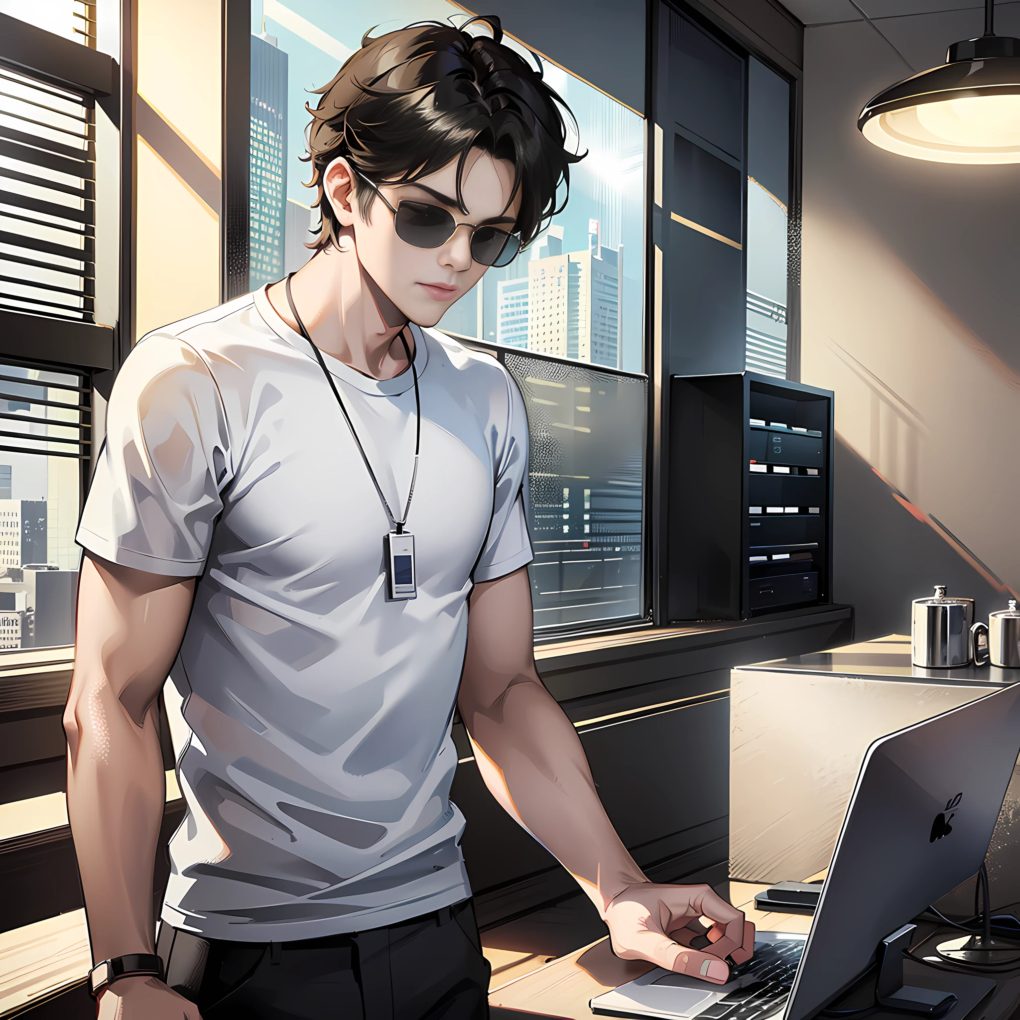 In the conference room, there is a handsome boy standing up, wearing sunglasses, eyes closed, short black hair, white T-shirt with short sleeves, super detailed, 4k, super detailed