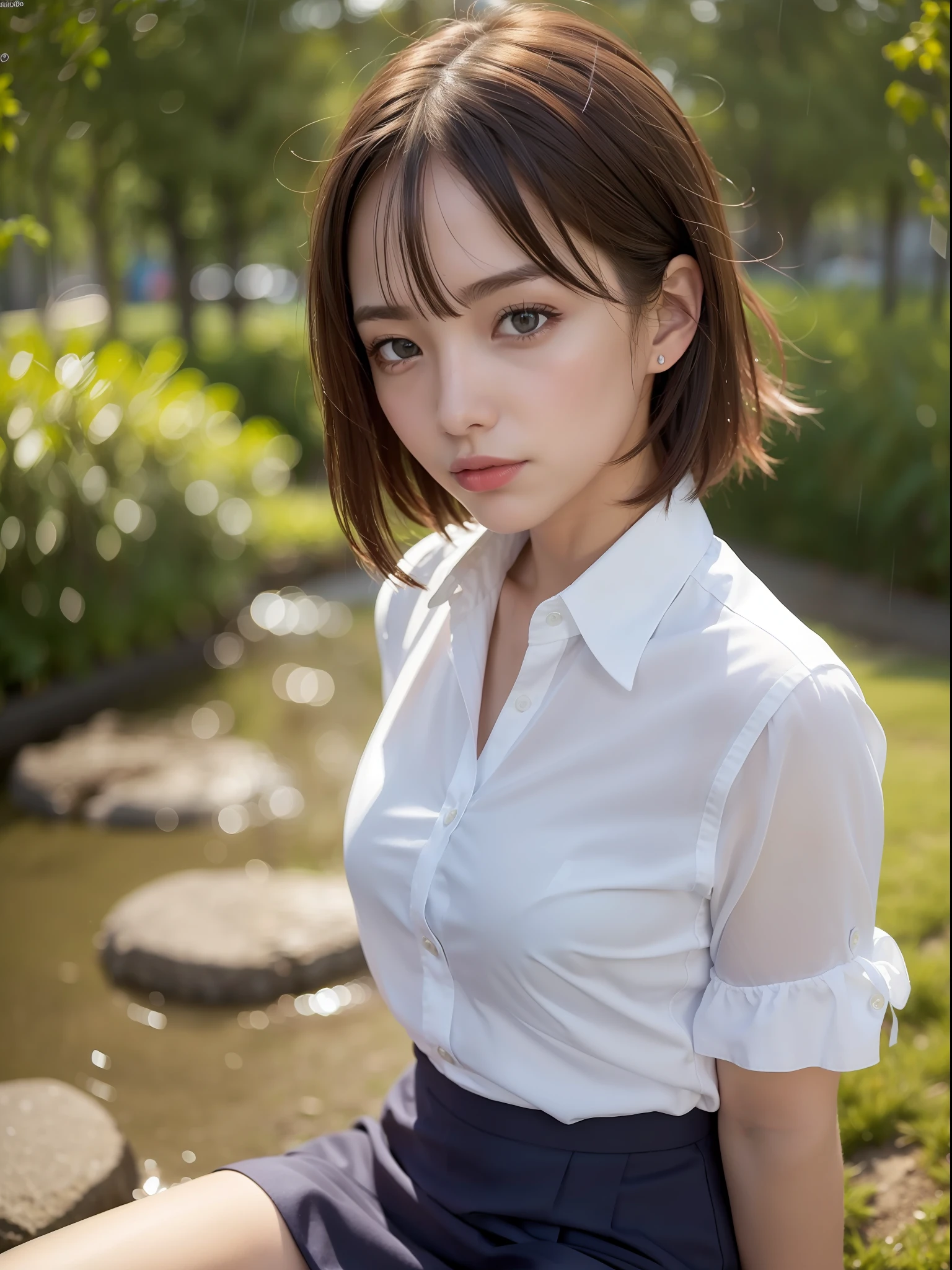 ((Best quality, 8k, Masterpiece: 1.3, raw photo)), Sharp focus: 1.2, (1 AESPA girl: 1.1), (realistic, photo-realistic:1.37), face focus, cute face, kindness, small breasts, flat chest, brunette short messy hair, sitting, wet, business suit skirt, white shirt, rain, garden, park, sunlight, cinematic lighting