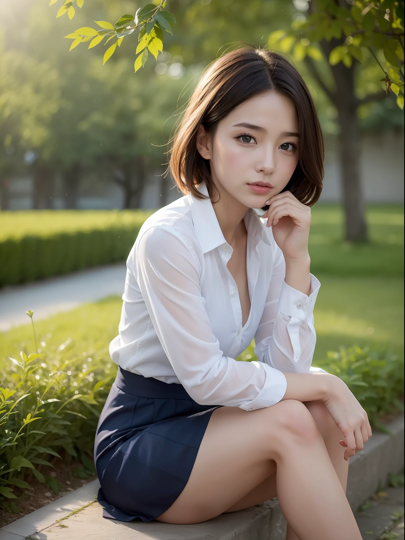 ((Best quality, 8k, Masterpiece: 1.3, raw photo)), Sharp focus: 1.2, (1 AESPA girl: 1.1), (realistic, photo-realistic:1.37), face focus, cute face, kindness, small breasts, flat chest, brunette short messy hair, sitting, wet, business suit skirt, white shirt, rain, garden, park, sunlight, cinematic lighting