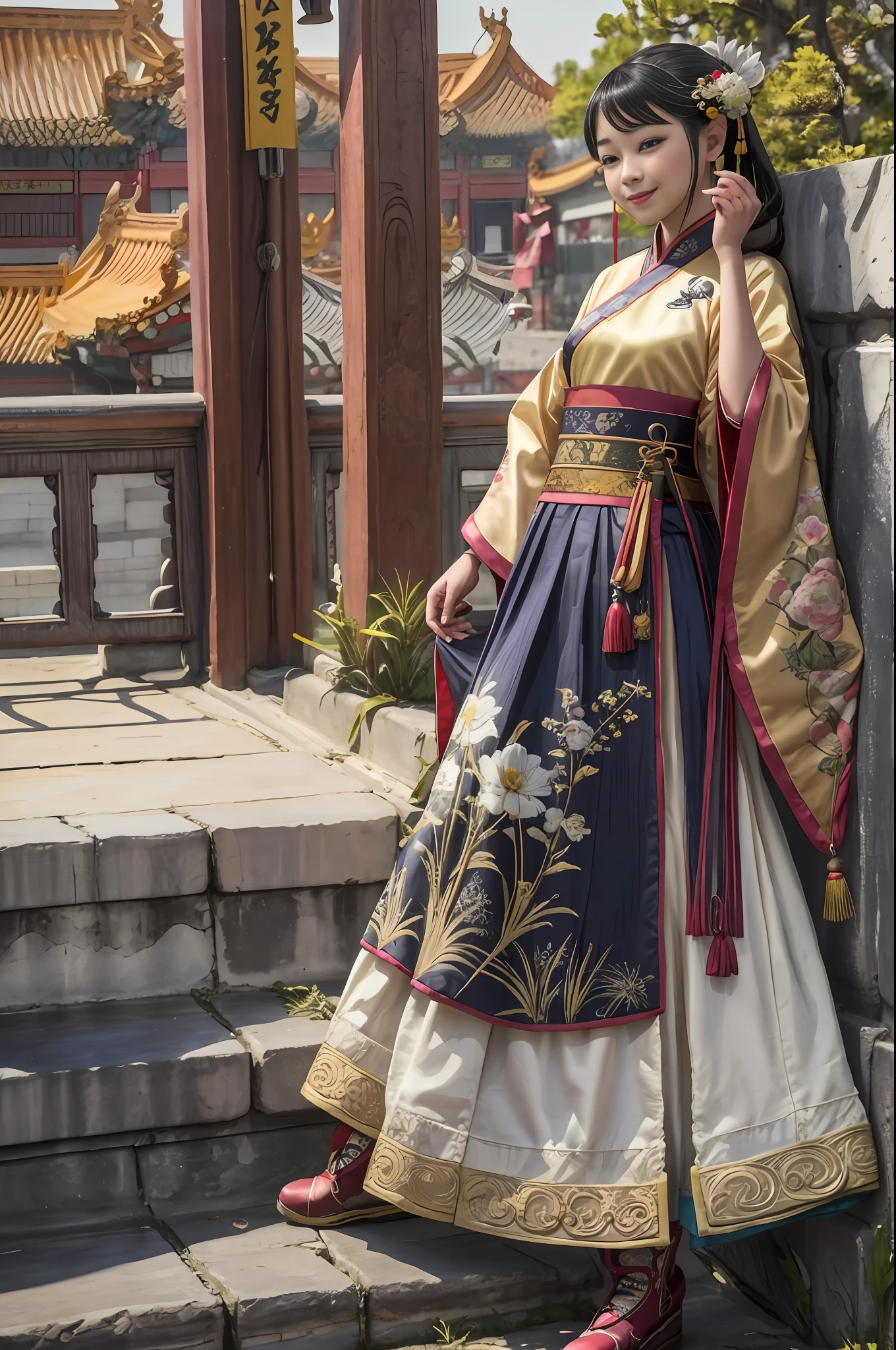 (8K, Top Quality, Masterpiece: 1), (Realistic, Photorealistic: 1), Cute, (Smile: 0.9), (Mouth Closed), Small Breasts, Solo, Beautiful Detailed Eyes, Perfect Face, Song Hanfu, 1 Girl, Longchamp, Pleated Champ Skirt, Absurdity, High Resolution, Ultra Detailed, (Princess, Solo: 1.1), Stylish Pose, Textile Manipulation, Textile Design, Embroidery, Innovative Technology, Tactile Works,(Full Body),(Chinese Shoes),(from Side:1.5),(See Below),(Hanfu),