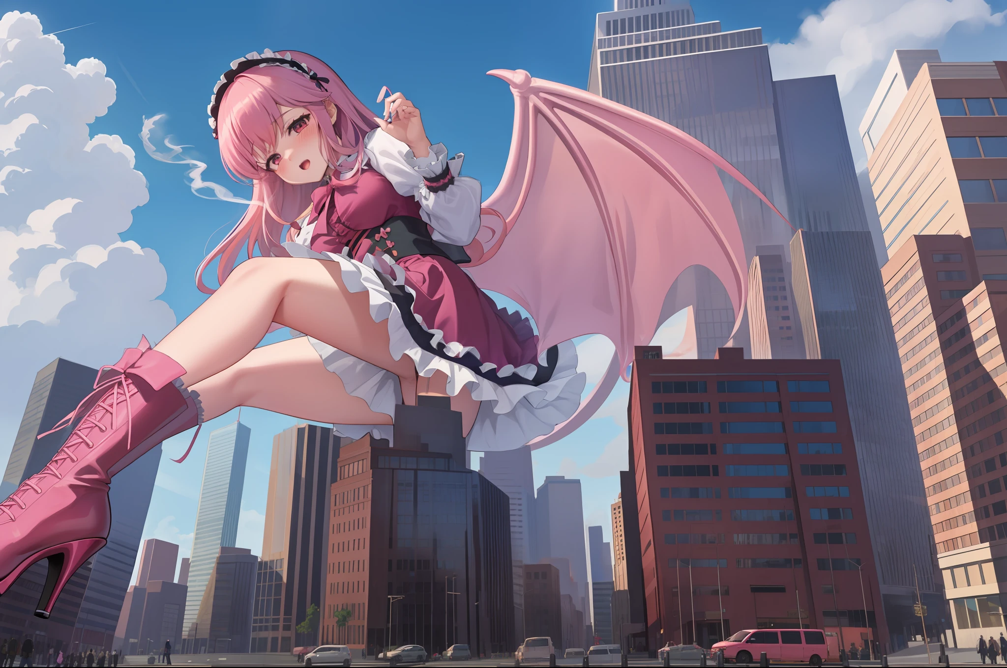 gts city, city buildings, smoke, clouds,demon,queen,pink hair milf,haughty,gothic,Lolita,pink hair,frills,leg high boots