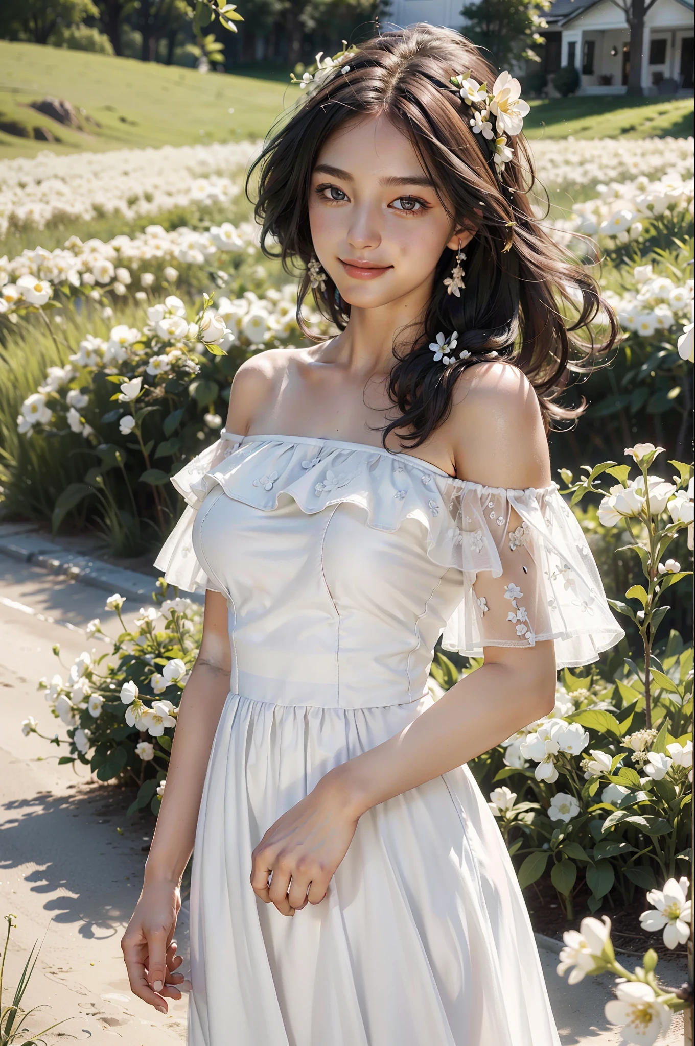 Best quality, masterpiece, ultra high res, (photorealistic:1.4), raw photo, 1girl, white dress, off shoulder, blossom flower field, glowing skin, light smile