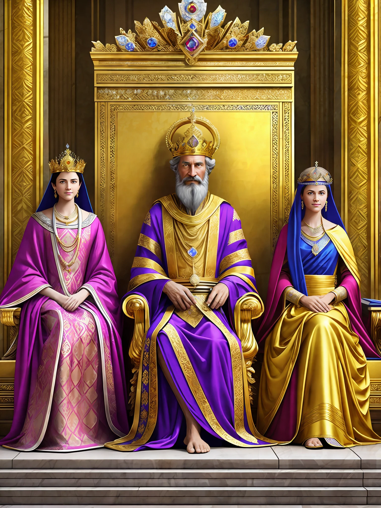 King David with middle age, wearing royal robes and with his wives around with colorful clothes and flowers in their hair, hyper realistic, sitting on a throne made of gold and diamond and in the background the wall of the Palace made at the time as darker colors to shine the image of the king --auto --s2