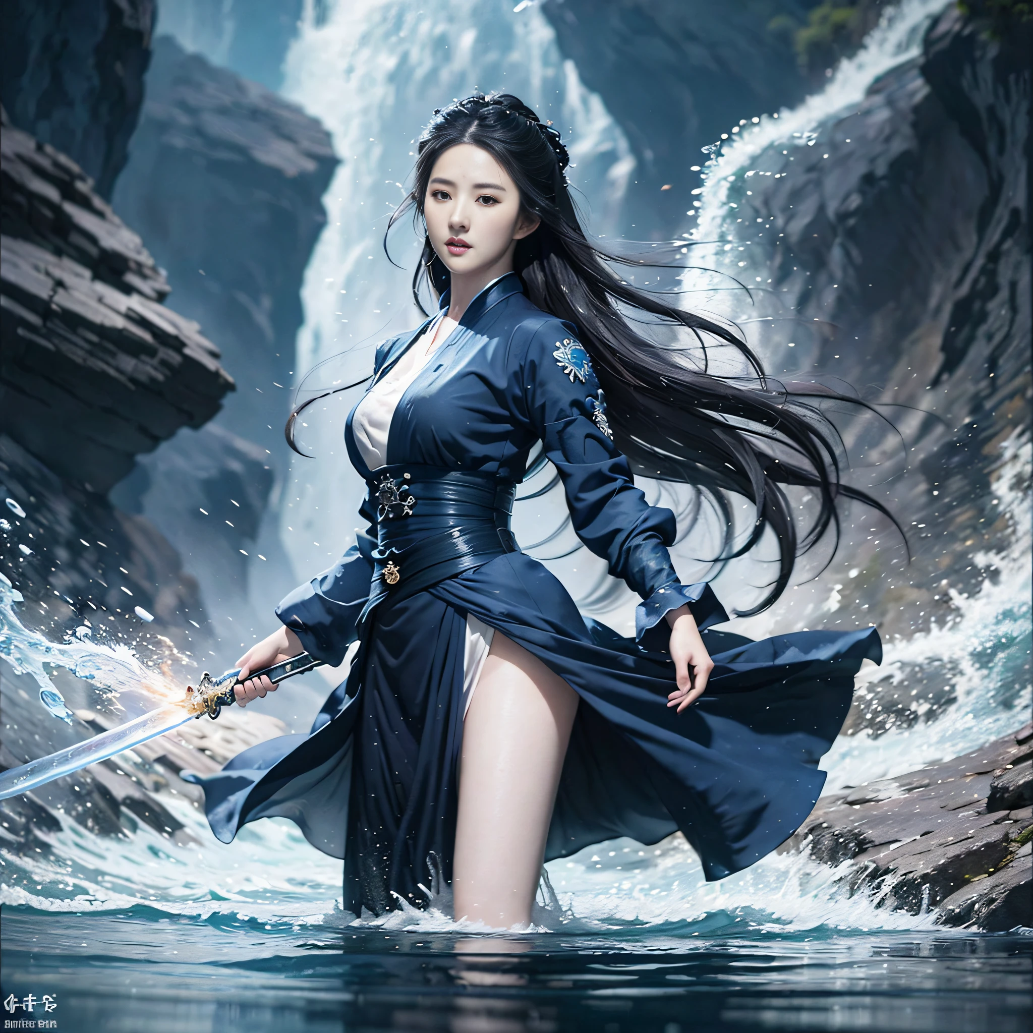 (extremely detailed CG unity 8k wallpaper,masterpiece, best quality, ultra-detailed),(incredible lighting, dynamic camera angle),water sword, blue water splashing,stream, flowing water, beautiful girl with long black hair, elegant wuxia dress,watercolor, 70's retro filter.