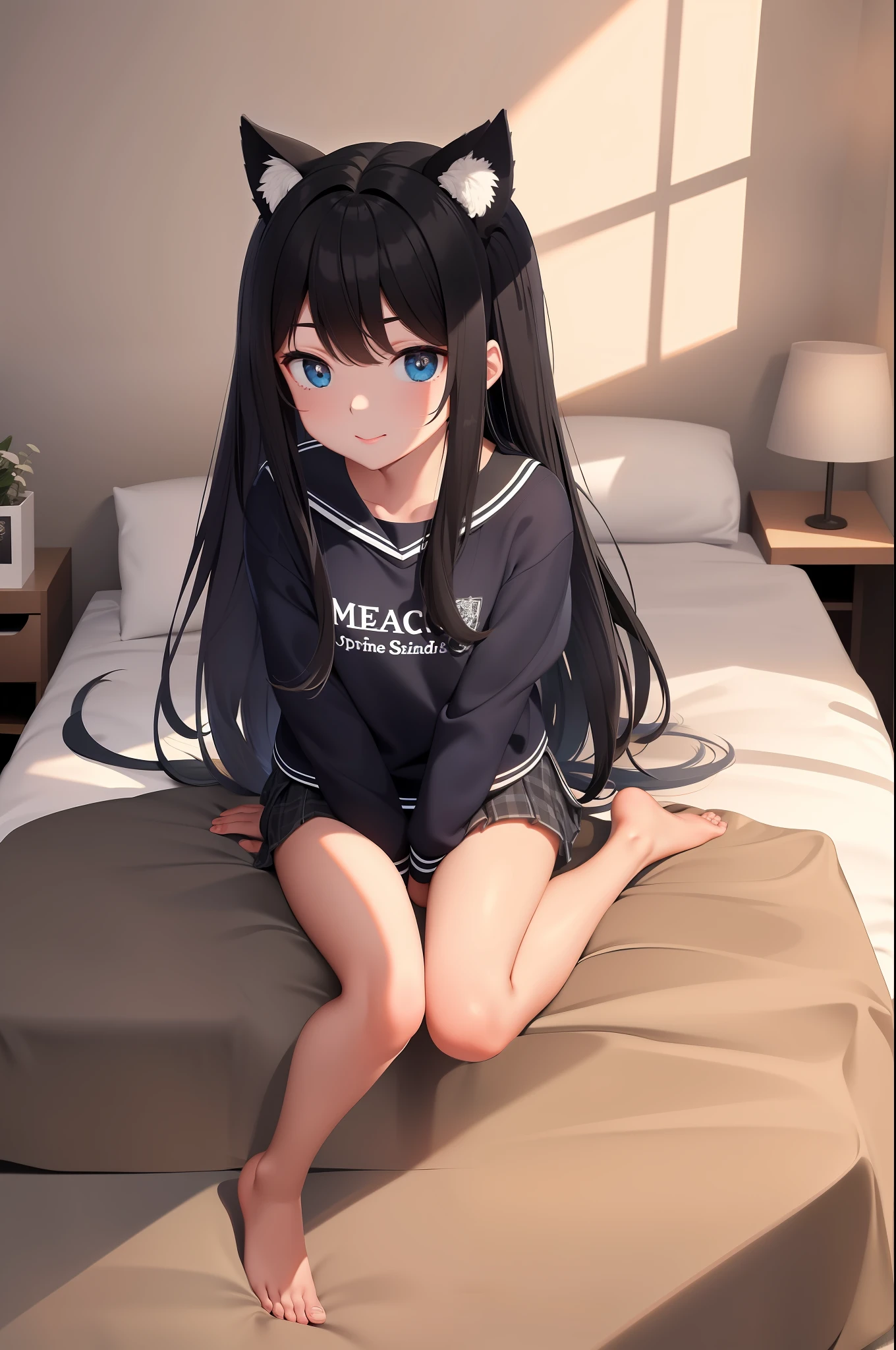 best quality, masterpiece, student outfit, bedroom, sitting on bed, cute, double tail, black hair, blue eyes,