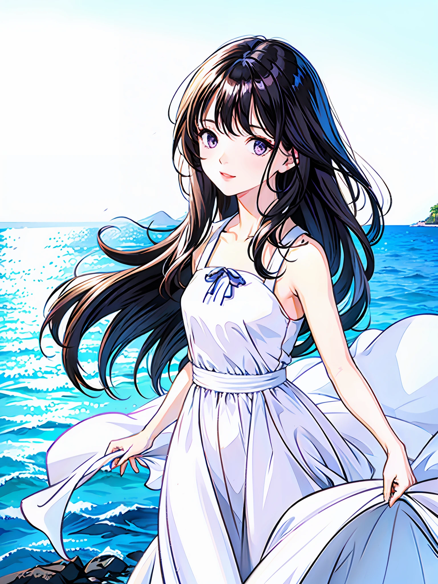 1girl, high resolution, high quality, masterpiece, mxmk_whitedress, purple eyes, white dress, beach, long hair, sea