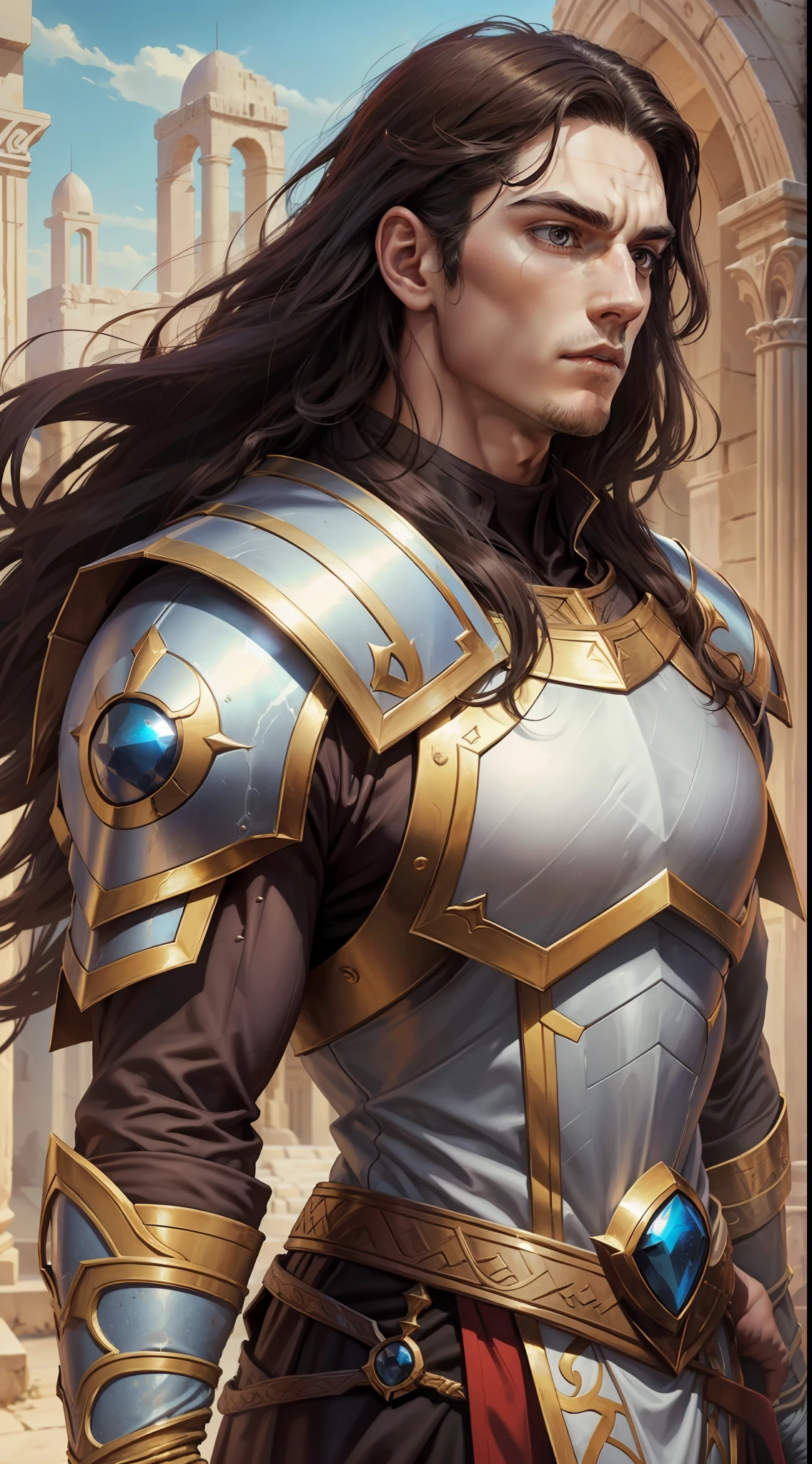 A young man, (((soil)))), (25 years old, pale skin, strong brute body, tall, pale skin, round face, square jaw, brown eyes, long black hair, thick eyebrow), (there is a small red jewel on his forehead) (he is a paladin, wears a costume of long fabric, of red and white colors, with shoulder pads and golden bracelets), he is walking in an ancient city, with white marble structures, blue sky, closeup, medieval fantasy