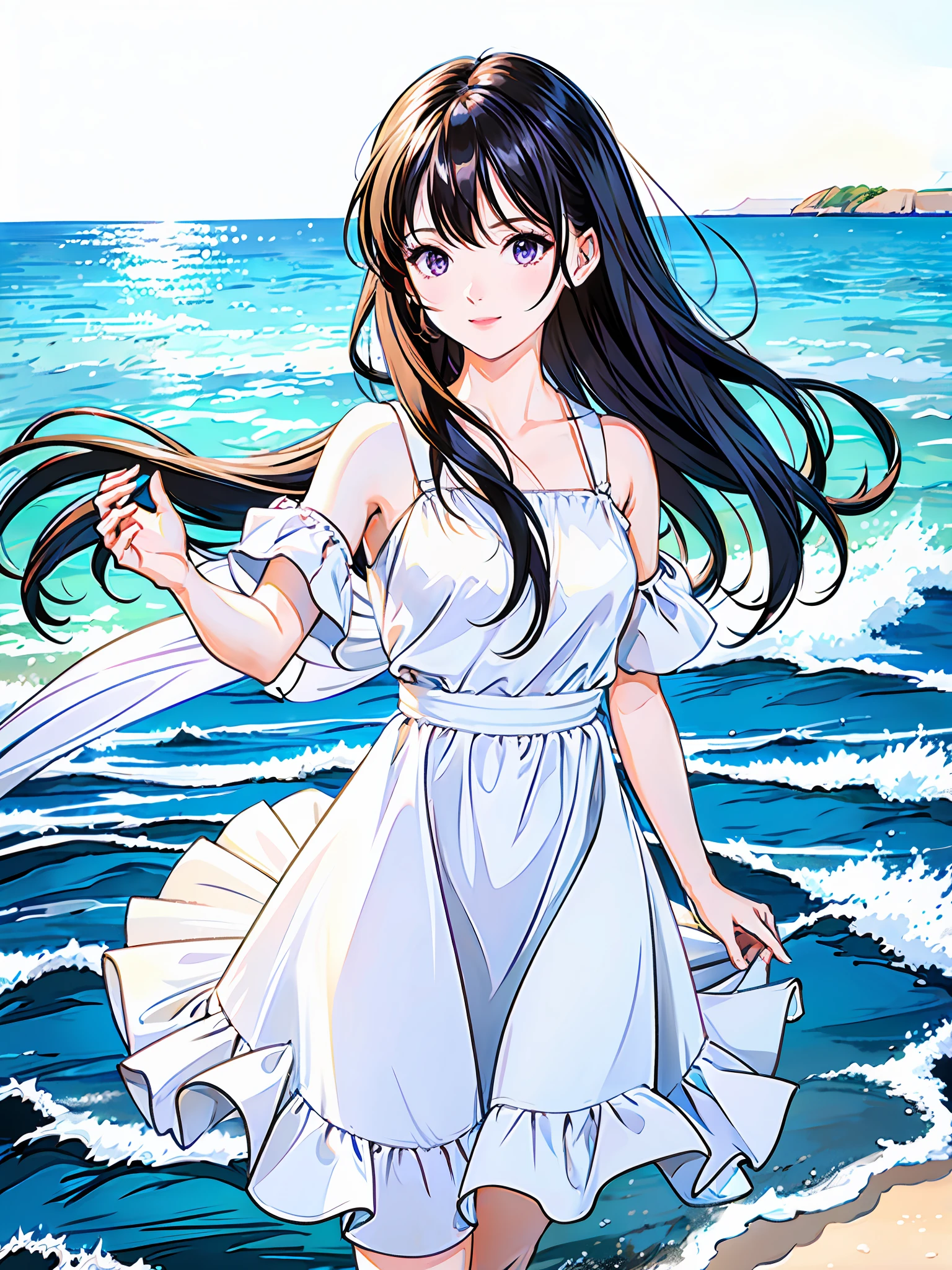 1girl, high resolution, high quality, masterpiece, mxmk_whitedress, purple eyes, white dress, beach, long hair, sea