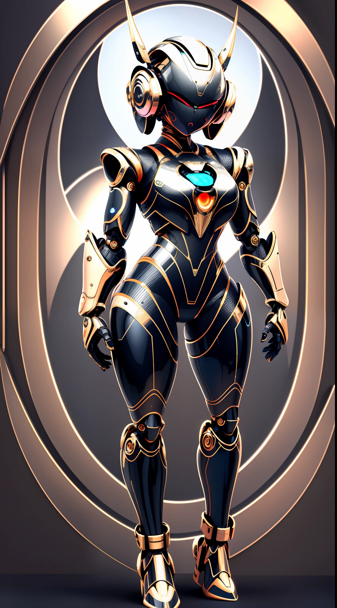 Humanoid robot with metallic details, full body, Design with 32k quality, inspired by T-shirt design, with Futuristic style, made by DSLR Camera, full framing, centered, white background, maximum quality, maximum details.