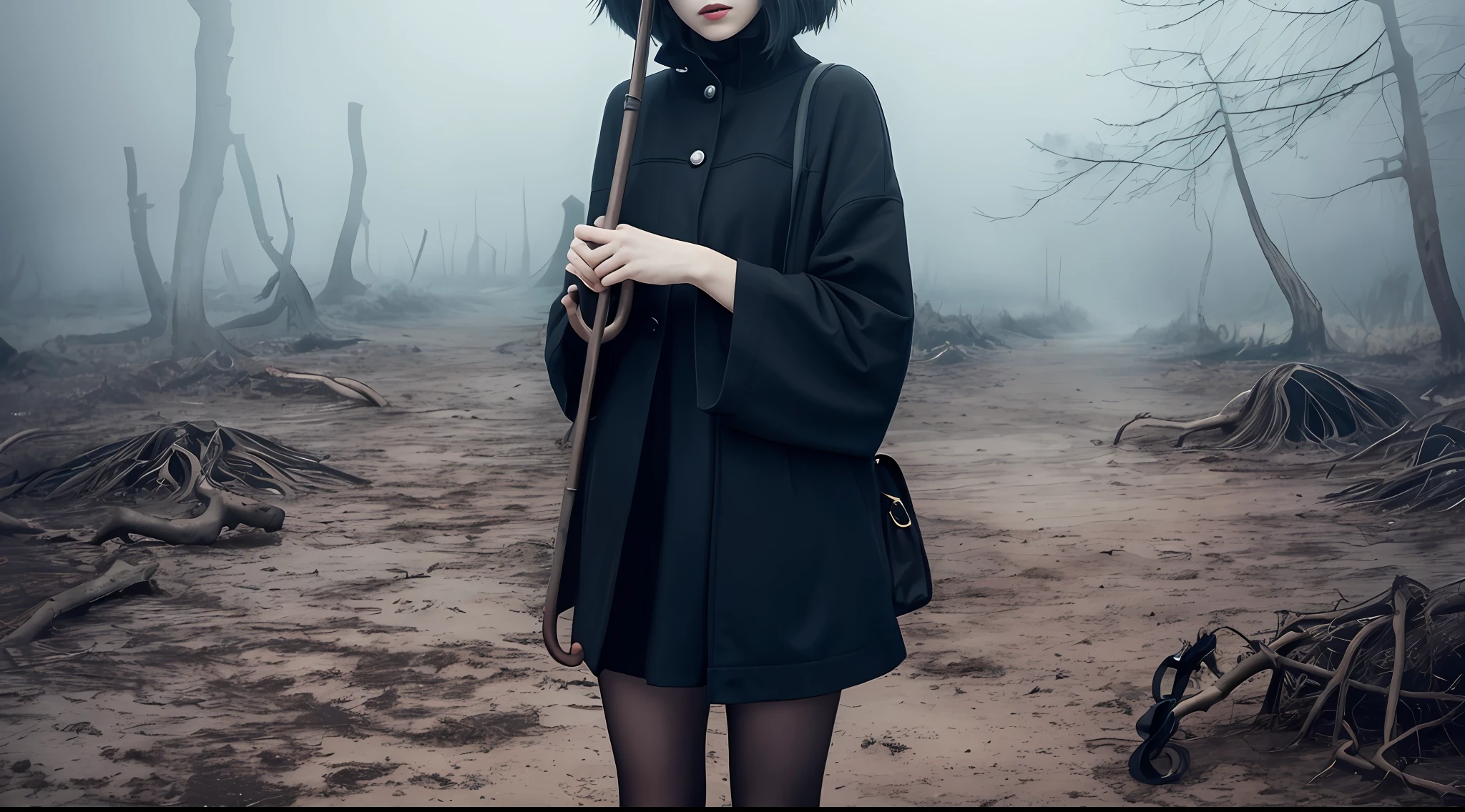 A beautiful girl holding a black umbrella, full body, horror, broken, twisted, sky, fog, smoke, dust, dark forest, shadow creature, Junji Ito, masterpiece, super high resolution, high quality, movie lighting,