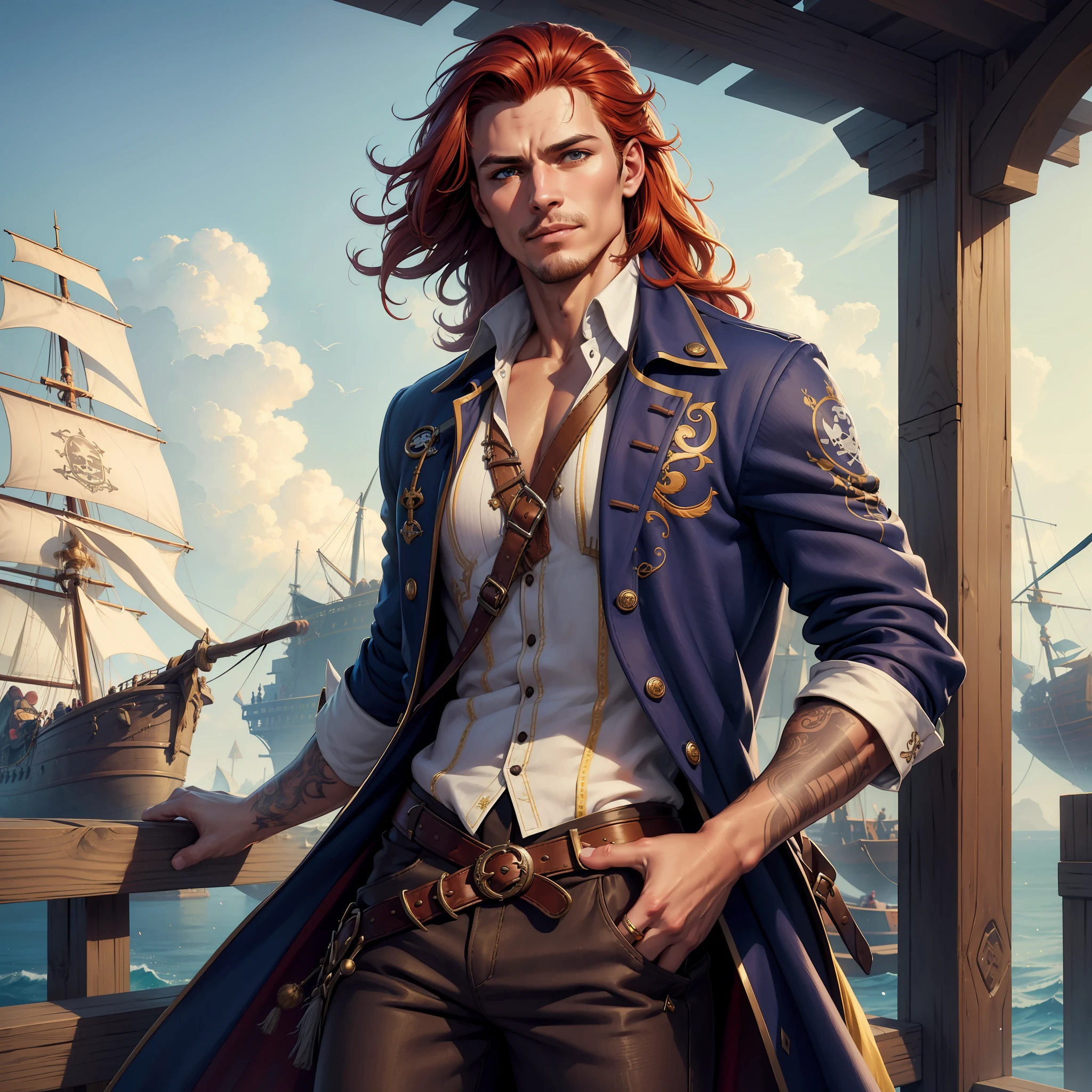 (Absurdres, Intricate Details, Masterpiece, Best Quality, High Resolution, 8k), 1 male, masculine, young, lean and muscular, carefree, finely detailed eyes and face, long loose red hair, stubble, hazel eyes, darkly tanned skin, looking at viewer, solo, detailed background, detailed face, (pirate fantasy theme:1.1), (tattoos:0.9), (brightly colored long wool coat:1.3), (loose embroidered linen shirt:1.3), (tight pants), straps, wooden pirate dock background, daylight, (enthusiastic attitude), Depth of Field, VFX, bokeh, (realistic textured skin, realistic textured hair), laughing