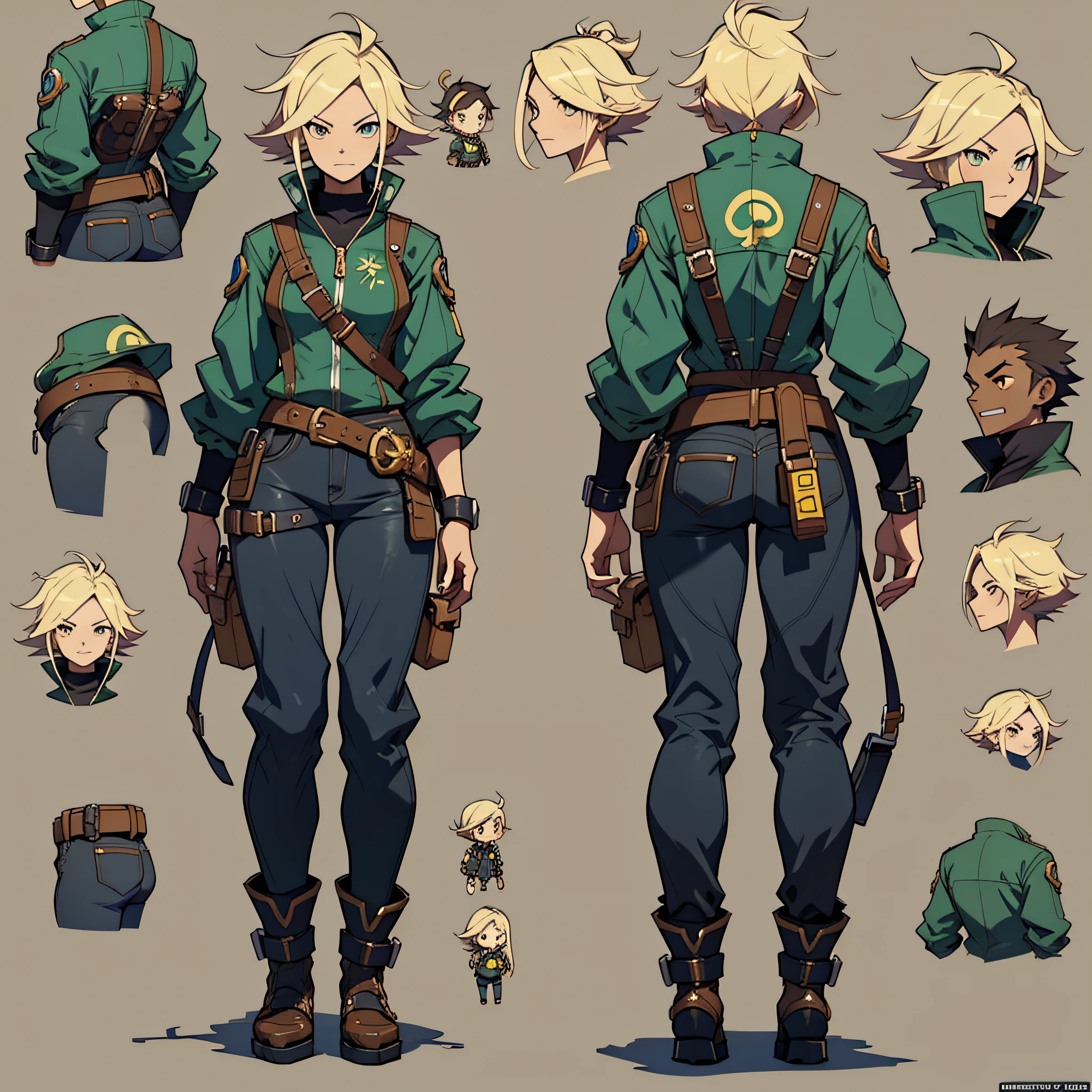 Close-up of a man in a gun costume, ((character concept art)), ((character design sheet, same character, front, side, back)) character art of maple story, video game character design, video game character design, maple story gun girl, girl wearing cute cartoon bunny hairpin on her head, yellow glowing decoration on girl's clothes, expert high detail concept art, metal bullet concept art, funny character design, Lucio as a woman, gravity rush inspiration, sticky tar. Concept art, belt buckle at waist, steampunk weapon,