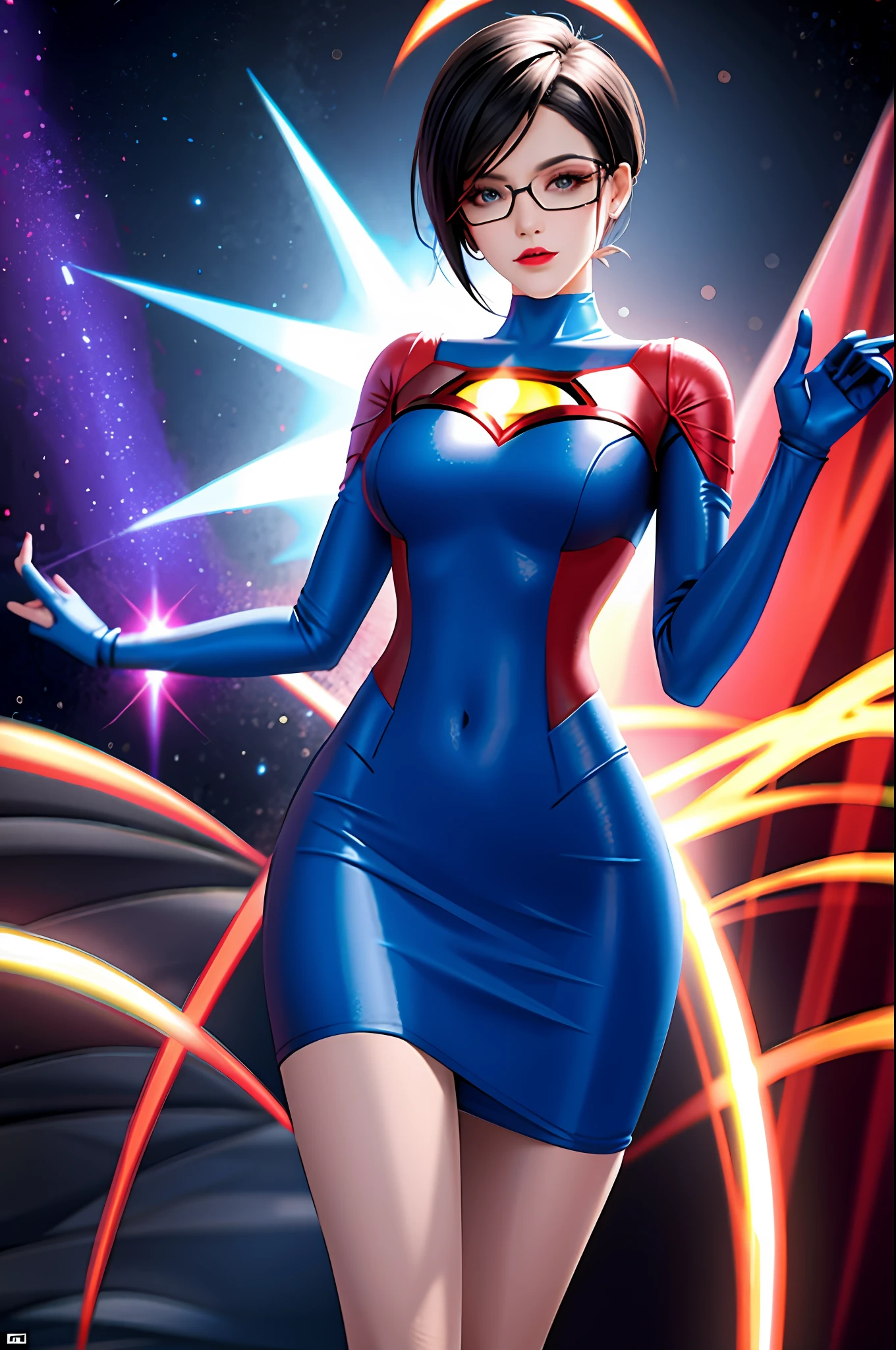 there's a woman in a short dress walking on a runway, digital art by Nelson Alexander Ross, winner of the Artstation contest, neo-dada, neosurrealism. digital art, neosurrealism, neo surrealism, cover art, giant art, dreamy cyberpunk girl, promotional art, using superman S symbol, tracer in a tight dress, near a galaxy, skydoll noa