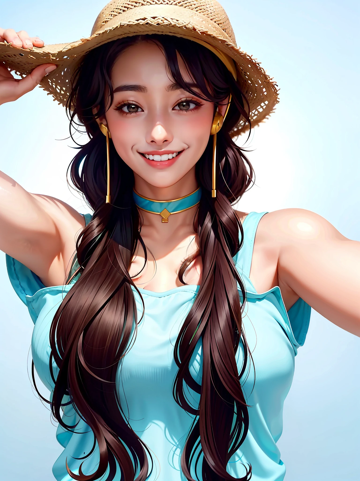 smiling woman wearing a large hat and headphones with a smile, selfie of a young woman, she is wearing a hat, with hat, wearing a cute hat, wearing a chocker and cute hat, curly afro, with a weird hat, wearing a silly hat, with afro, dark short curly hair smiling, wearing a hat, wearing a travel hat