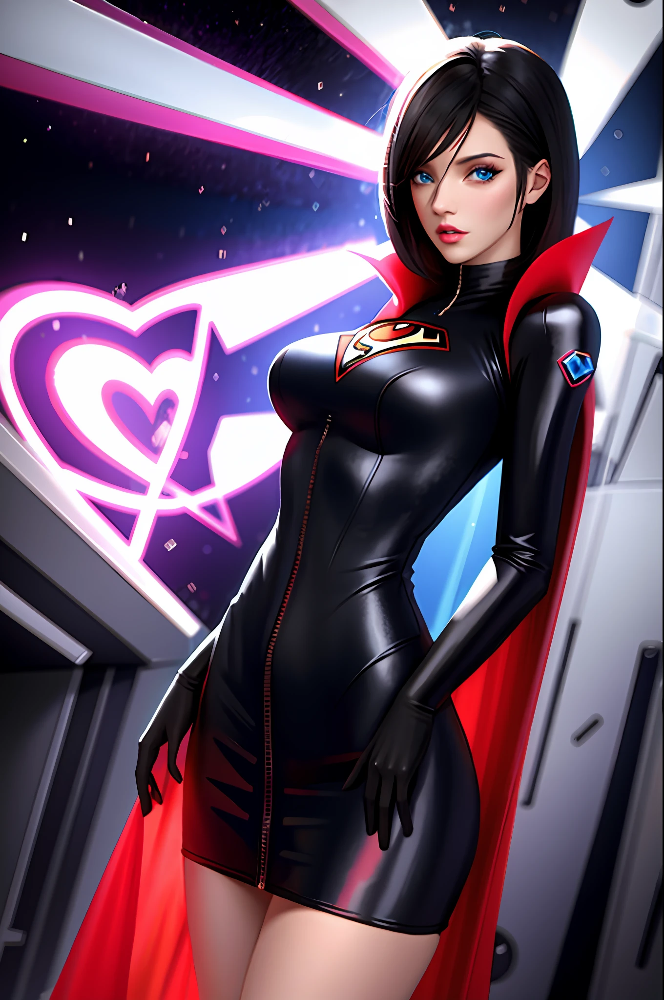there's a woman in a short dress walking on a runway, digital art by Nelson Alexander Ross, winner of the Artstation contest, neo-dada, neosurrealism. digital art, neosurrealism, neo surrealism, cover art, giant art, dreamy cyberpunk girl, promotional art, using superman S symbol, tracer in a tight dress, near a galaxy, skydoll noa
