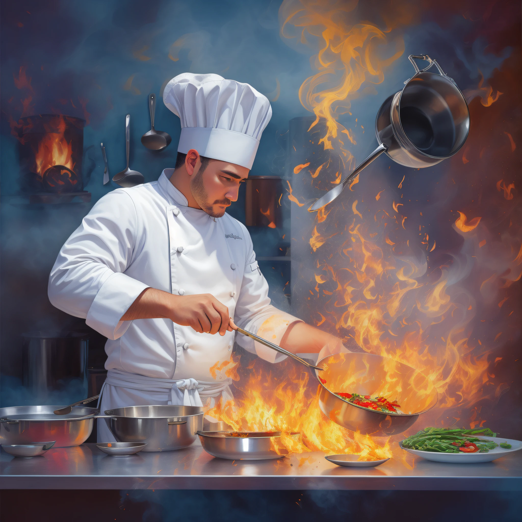 Chef Cooking with Fire, Gourmetics, Chef, Jane Bartel, Gourmet Cooking, Cooking, Cooking, Jason Benjamin, Cooking, Randy Gallegos, Full Art, Wok, William Bella, Echo Chernik, Realistic Picture Quality, Best Chef, Artistic Rendering, Jennifer Bartlet