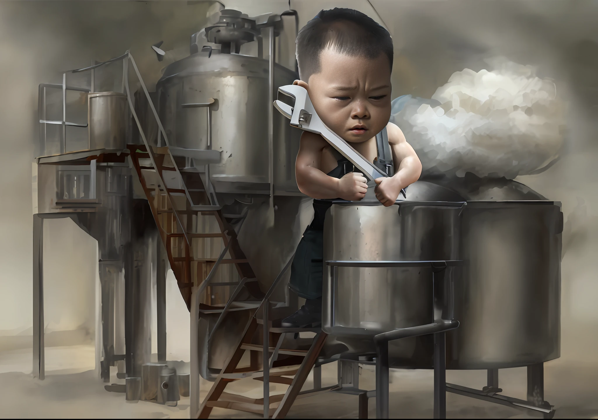 " with a Plate Hand in the Workshop", wearing a suspender overalls jeans, naked upper body, strong body, Fei Danxu, Wang Yi, Zhang Xiaogang, Bian Jingzhao, Wen Zhenheng, Wang Zhenpeng, Ding Yunpeng, bashing photos, Xi Gang, photo processing, Wang Ximeng, (((Luke ·