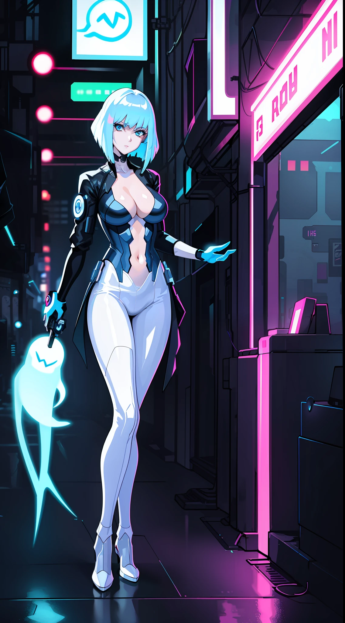 (masterpiece:1.2), (best quality:1.2), (ghost in the shell), detailed, a girl, transparent clothes, mature, blue eyes, cleavage, dark alley, (no panties), (neon:1.3)