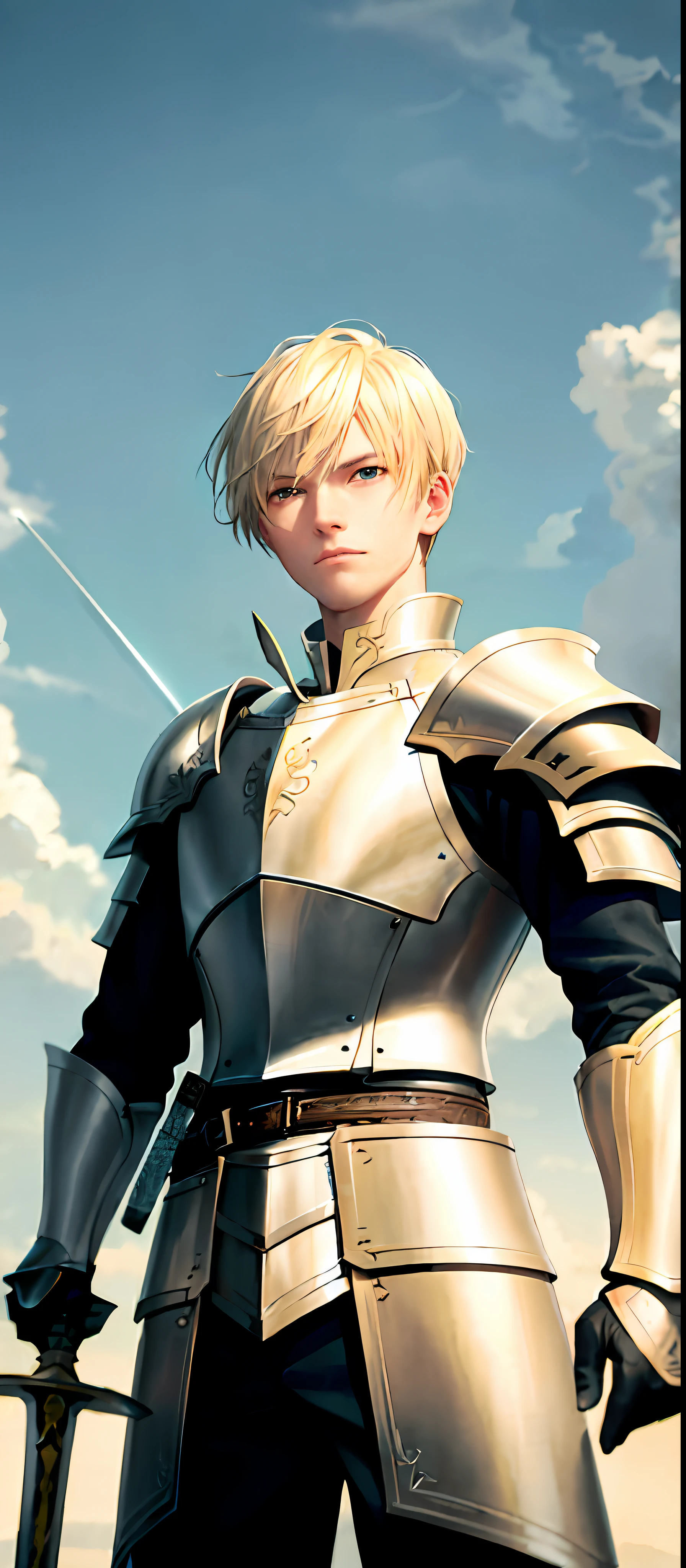 Blond man with, armor, face to face with sword in hand pointing at enemy, green eyes, short hair, sword in hand, wind blowing, not wearing anything on his head, handsome man, anime features, armor with wolf symbol which is family symbol, grown man, no beard
