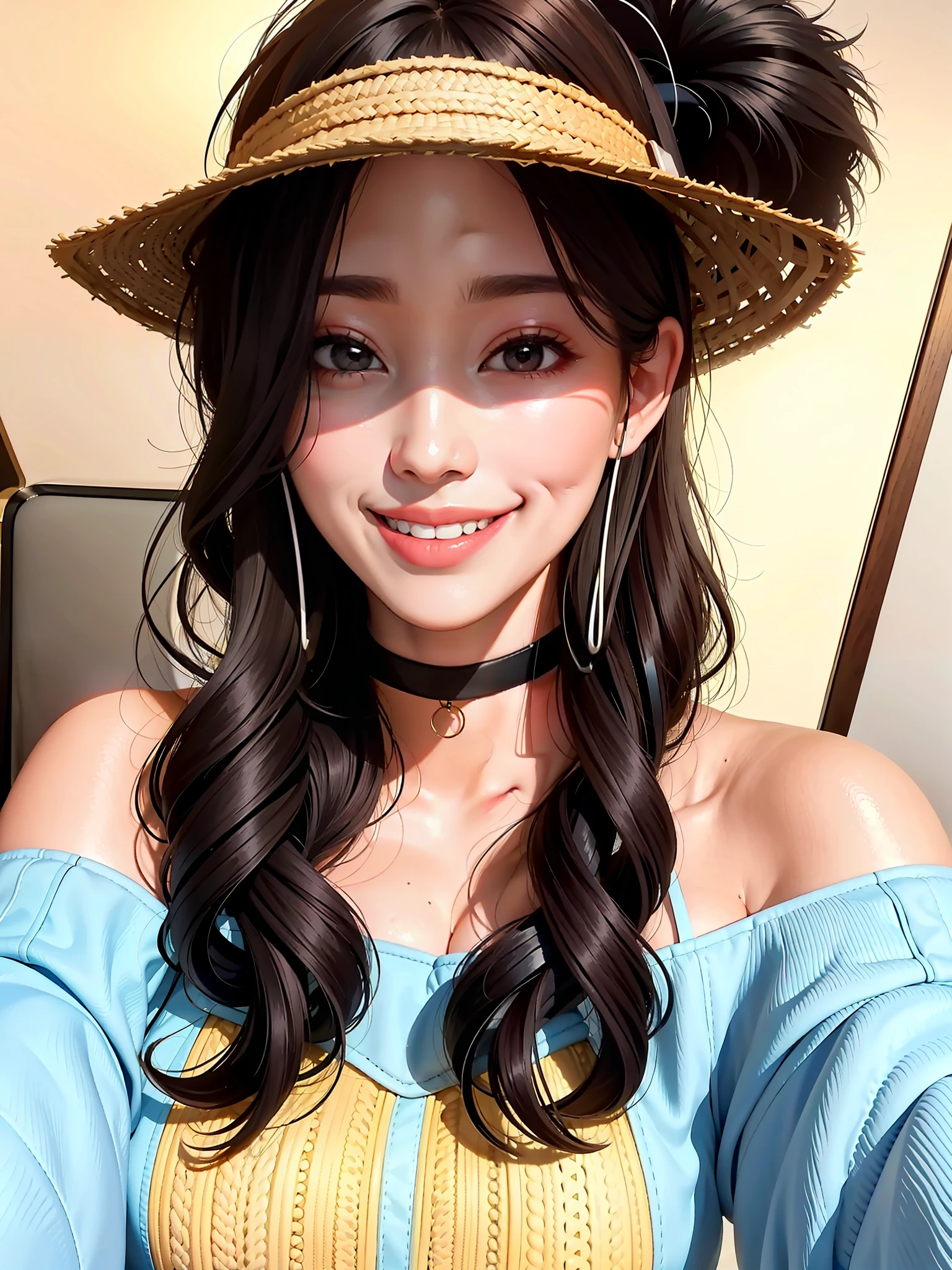 smiling woman wearing a large hat and headphones with a smile, selfie of a young woman, she is wearing a hat, with hat, wearing a cute hat, wearing a chocker and cute hat, curly afro, with a weird hat, wearing a silly hat, with afro, dark short curly hair smiling, wearing a hat, wearing a travel hat