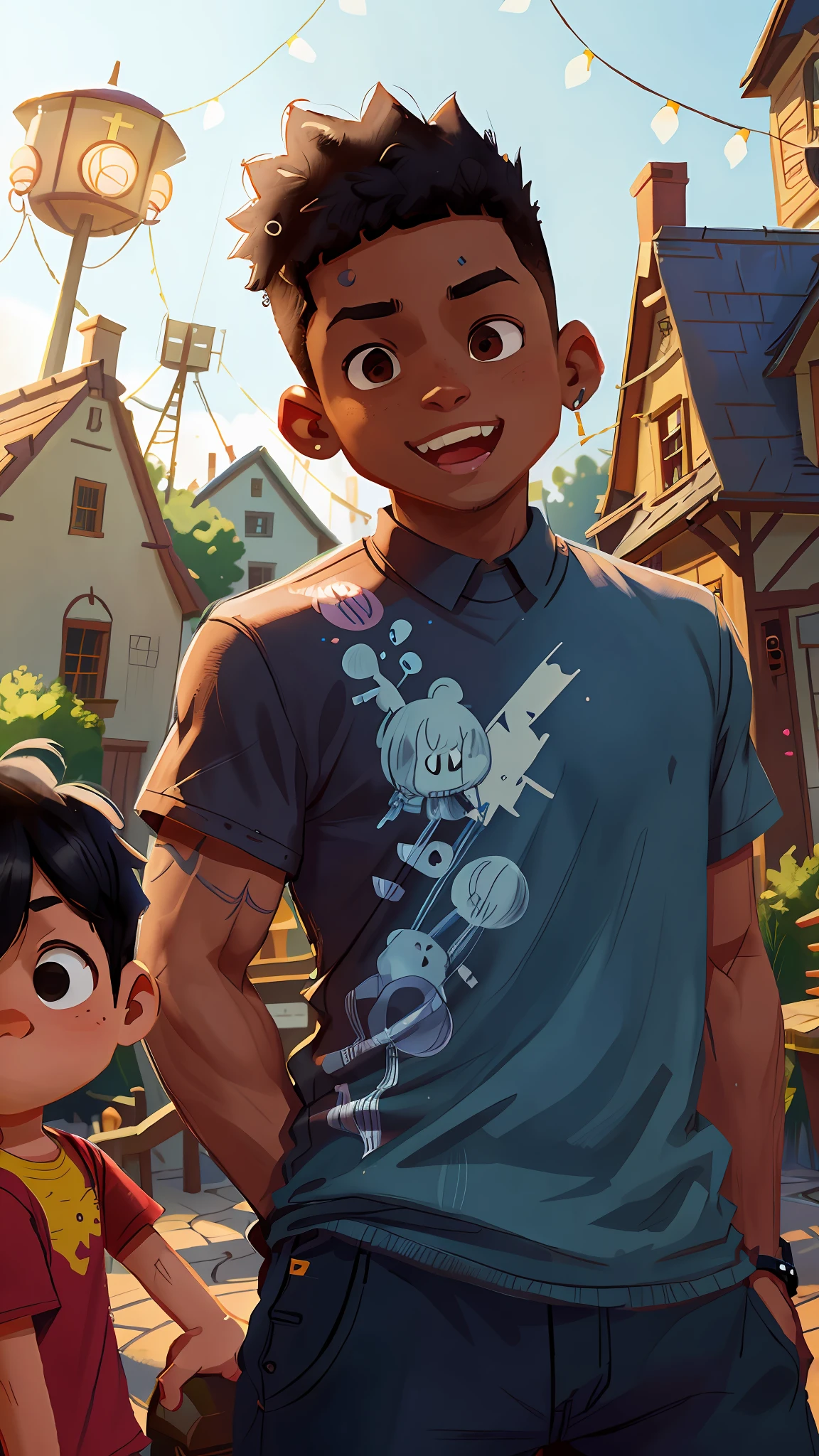 Black boy, 25 years old, shaved hair, in an amusement park, light focus (clutter - house: 0.8), (masterpiece: 1.2) (Realistic: 1.2) (Bokeh) (Best quality) (Detailed skin: 1.3) (Intricate details) (8K) (Detail eyes) (Sharp focus), (Happy)