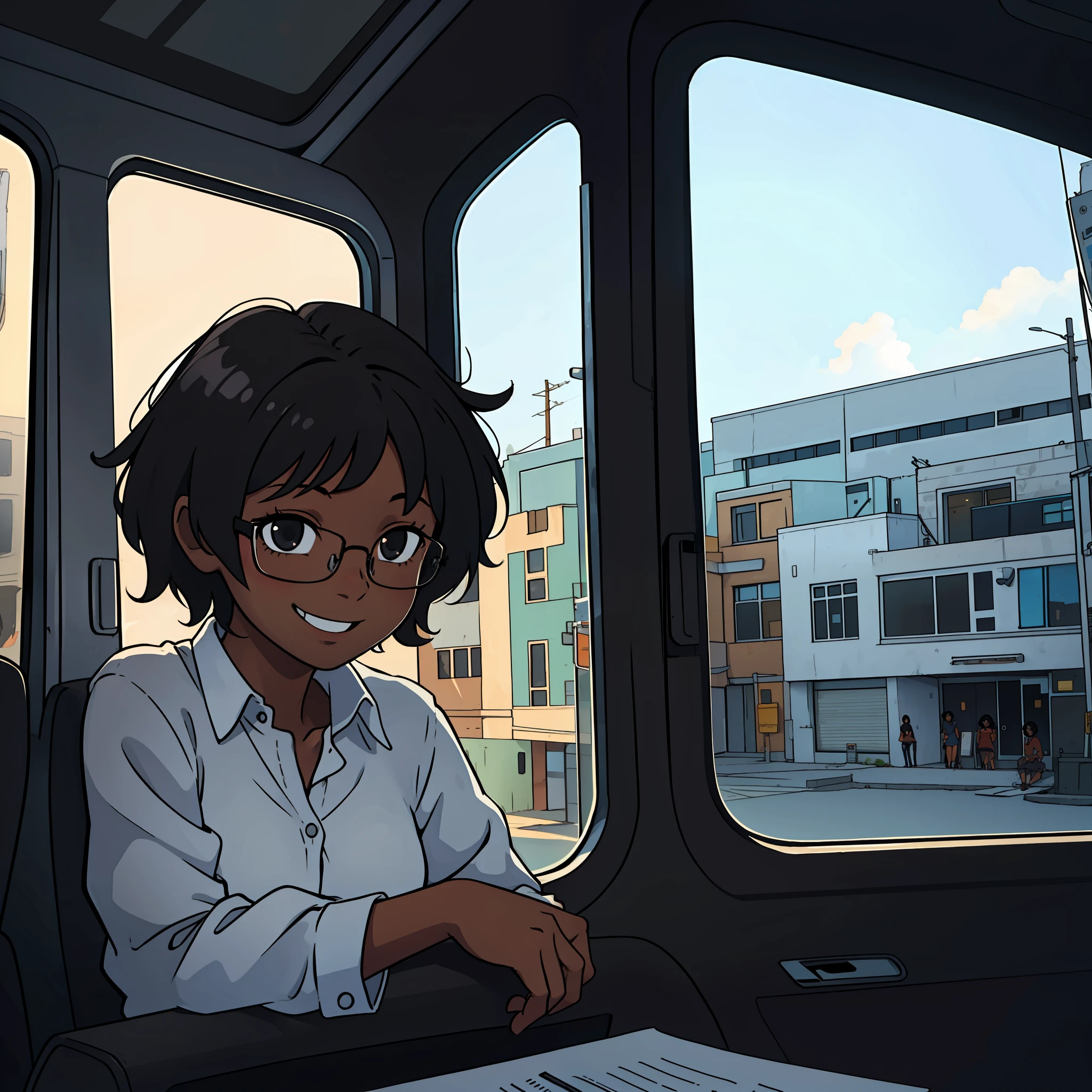 poking out the window, 1girl, smiling, dark skinned girl, glasses, short hair, messy hair, black hair, black eyes