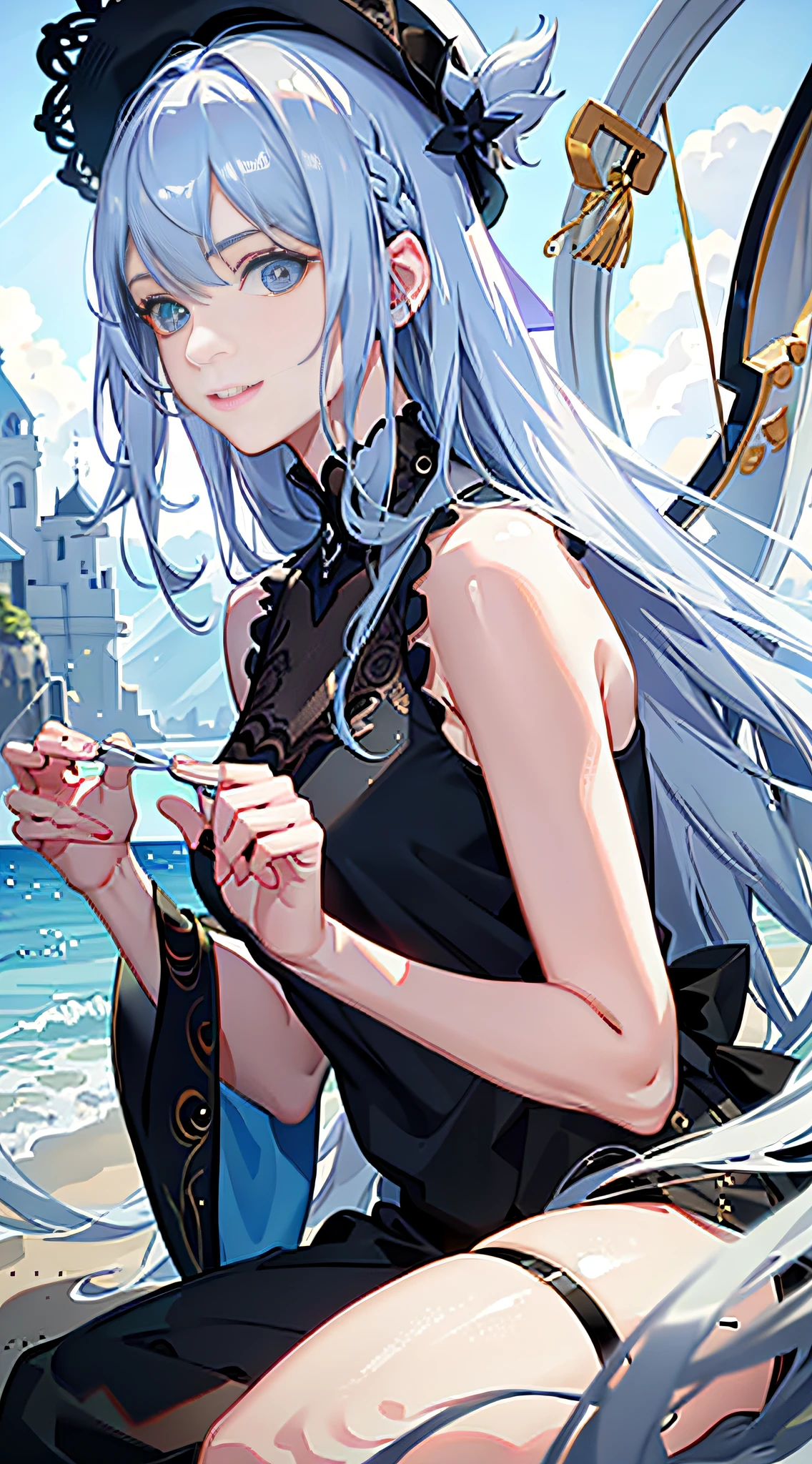 (Masterpiece, Delicate Eyes: 1.2), (Light Blue Hair: 1.2), (Zavr Eye Color: 1.1), Long Hair, Straight Hair, (Black Vest: 1.2), Realistic Lighting, Beautiful Lighting, Ray Tracing, Photo Realism, (Hyperrealism: 1.2), High Resolution, 4K, 8K, (Extremely Detailed CG, 8k Wallpaper: 1.1), Very Detailed, Sharp, Digital Illustration, Detailed, Realism, Beautiful Face, Highly Detailed Face, Hyperrealism, Masterpiece, Detailed Eyes, Ultra Detail, Volumetric Lighting, Realistic Shadows, Intricate Details, Small Details, Cheerful, Smile, (White Hat: 1.2), Silver Necklace, high heels, (on the beach: 1.2),