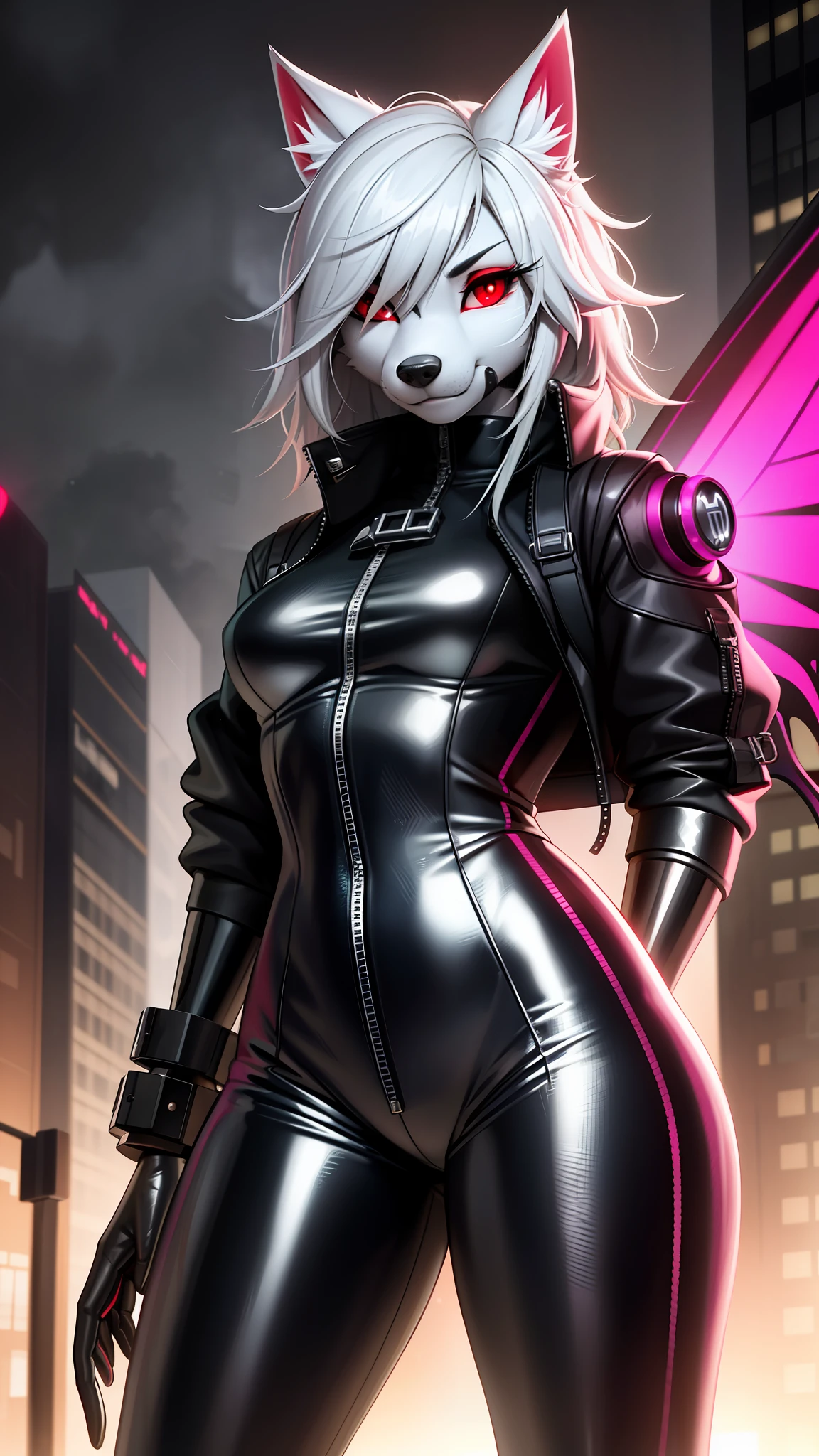 A very detailed portrait of a lone wolf girl standing on a street corner, (anthro, furry, muzzle: 1.2), mustaches, during a storm with lightning and a cloudy sky, neon and cyberpunk background, wears punk clothes and a tight latex pants with silver chains and silver spikes, has a butterfly wing clip in her wild hair, has headphones and a tie, small, detailed bright red eyes with distinct pupils, ominous halo aura, smile, punk, cyberpunk, backlighting, masterpiece, best quality, intricate detail, absurd, high detail Color RAW Photo, highly detailed, rough lighting, cinematic lighting, detailed eyes, distinct pupils, contrast, hard light, gigapixel, 8k resolution, beautiful, cinematic, elegant, hyper-realistic, octane, unreal, unreal, high definition, 8k resolution, highly detailed, 8k uhd, professional lighting, photon mapping, radiosity, physics-based rendering, award-winning photography, detailed face, backlight, ultra-realistic, ray tracing, vivid look, cinematic lighting