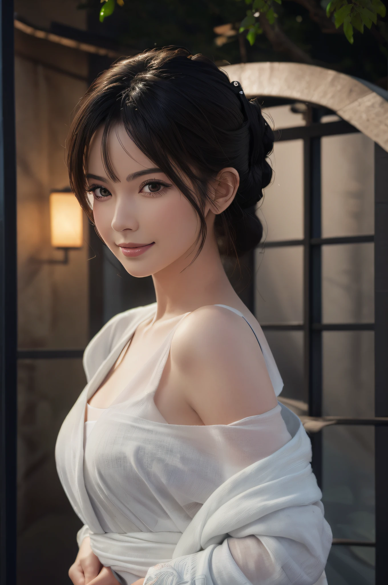 (Masterpiece: 1.3), (8k, Photorealistic, RAW Photo, Best Quality: 1.4), (1girl), Beautiful Face, (Realistic Face), (Black Hair,), Beautiful Hairstyle, Realistic Eyes, Beautiful Detail Eyes, (Realistic Skin), Beautiful Skin, Absurdity, Attractive, Ultra High Definition, Ultra Realistic, High Definition, Golden Ratio, Full Body, Smile, Naked and Wrap Thin Silk Cloth Around Your Body, Sexy, Tokyo Night View