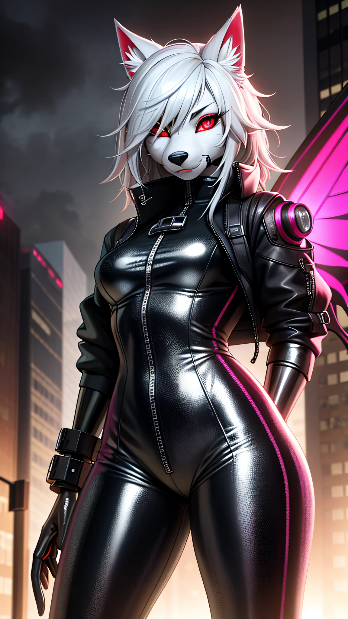 A very detailed portrait of a lone wolf girl standing on a street corner, (anthro, furry, muzzle: 1.2), mustaches, during a storm with lightning and a cloudy sky, neon and cyberpunk background, wears punk clothes and a tight latex pants with silver chains and silver spikes, has a butterfly wing clip in her wild hair, has headphones and a tie, small, detailed bright red eyes with distinct pupils, ominous halo aura, smile, punk, cyberpunk, backlighting, masterpiece, best quality, intricate detail, absurd, high detail Color RAW Photo, highly detailed, rough lighting, cinematic lighting, detailed eyes, distinct pupils, contrast, hard light, gigapixel, 8k resolution, beautiful, cinematic, elegant, hyper-realistic, octane, unreal, unreal, high definition, 8k resolution, highly detailed, 8k uhd, professional lighting, photon mapping, radiosity, physics-based rendering, award-winning photography, detailed face, backlight, ultra-realistic, ray tracing, vivid look, cinematic lighting