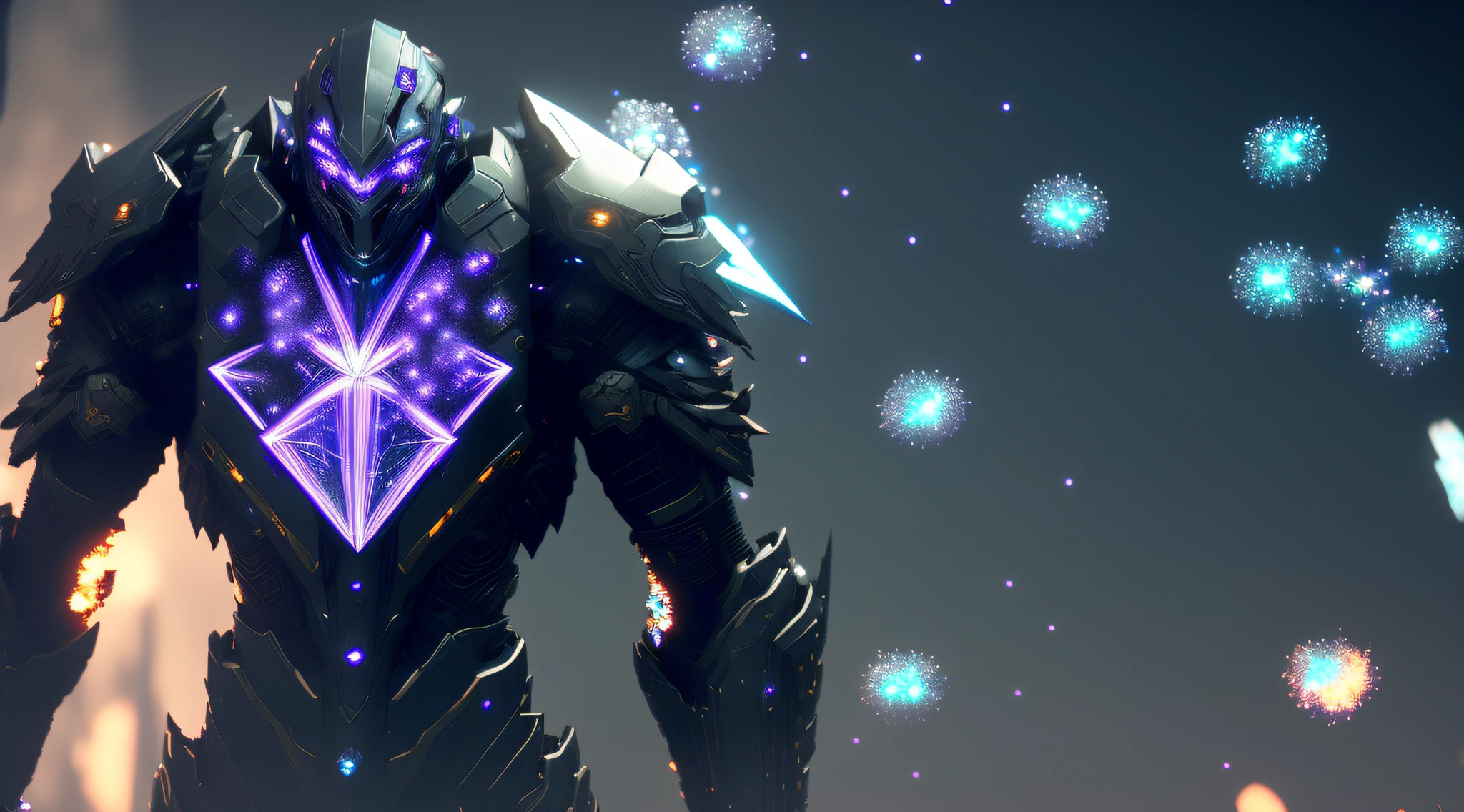 a RAW clean-look photograph of a tall cyberpunk  finely detailed armour made of black titanium and (glowing:0.5) (purple:0.5) amethyst , power suit, high depth, crystal, visible wires and microchip, holograph, crystal (transparent:1.9)torso, wires inside of body, imposing, elegant, for men, modern minimalism, low poly lines, glitch core, dreamy, badass, dystopia, godlike, mysterious, midjourney, cinematic lighting, 3D render, blender cycles, octanerender, warframe, high poly, glow, color dodge,deep dark background, high depth, artstation, deviantart, exteel, thin waist, electronics, angry, anger, extremely intricate and detailed scratched up armor, low saturation, (unreal engine 5:1.5), (4k:2), tiny dust floating speckles, tiny shimmering glowing (particles:1.6), art by greg rutkowski, (concept art draft:1.7), (thousands of small glowing particles emanating from arms:1.8), (clean background:1.8), (magnetic pulling forces:1.5) (wide angle:1.8) (visible face anger:2), (female body:2), ninja, hoodie, assassin