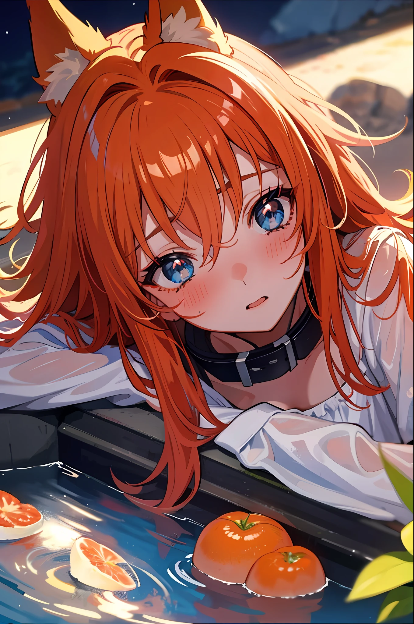 1girl, fox ears, orange hair, blue eyes, collar, face close up, wet hair, wet, hot spring, intimate, gorgeos,traced light, high details,digtal art, night, in love,blushing, insecure, cute, sensual, shadows, contrast, beautiful eyes, gentle, delicate, scalpa, vivid eyes, messy hair, puffy, out of breath