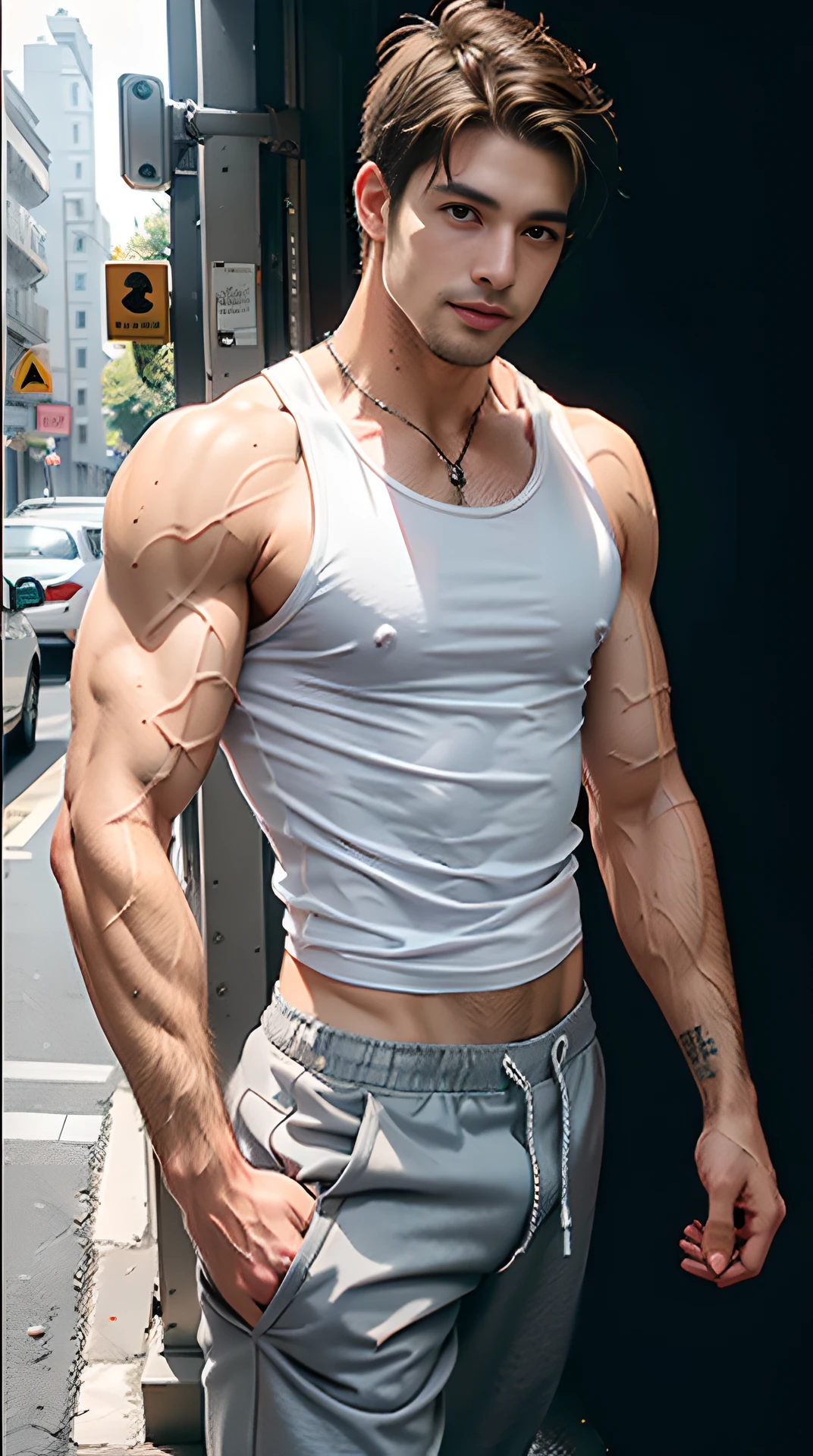 (best quality) 1 boy, muscular handsome model, caucasian, tall, veiny, ripped, physique, aesthetic, wearing a white tank top and grey sweatpants, busy street background, shallow depth of field, smiling, skin details, skin texture, bokeh, 35mm lens, perfect portrait, perfect anatomy, best proportions, highlight the abs, vline, biceps, pecs, light beard, glossy gray eyes, full body shot, photoshoot, analog, dramatic lighting, cinematography, centered, natural pose, accurate clothing, looking at the camera, front lighting