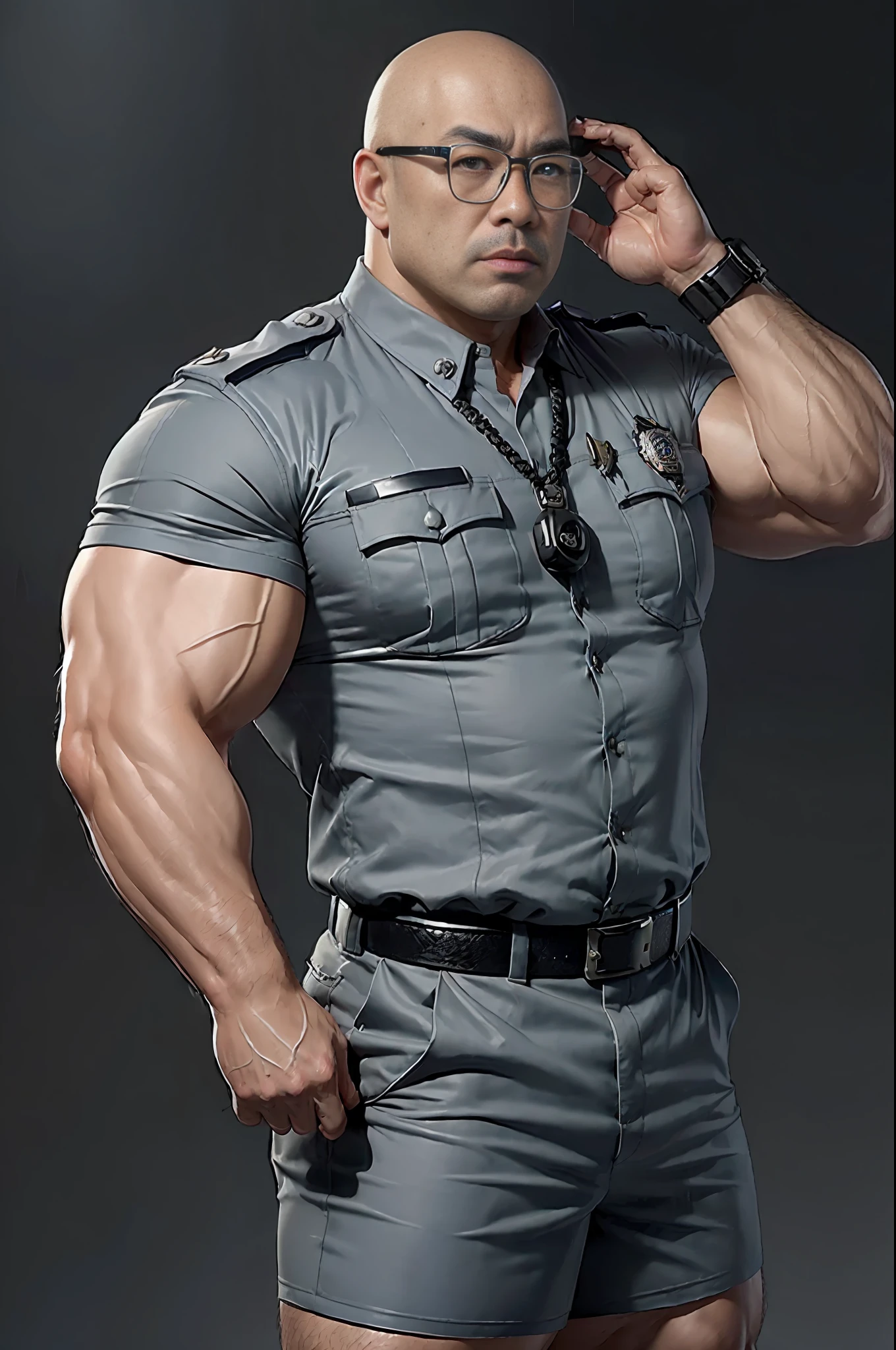 (Shorts male cop, strong fat asian man, police cap uniform), (dark gray background, (1 male bald head with glasses), strong muscles, various poses, big ass, 1.4 eye details, 40k)"