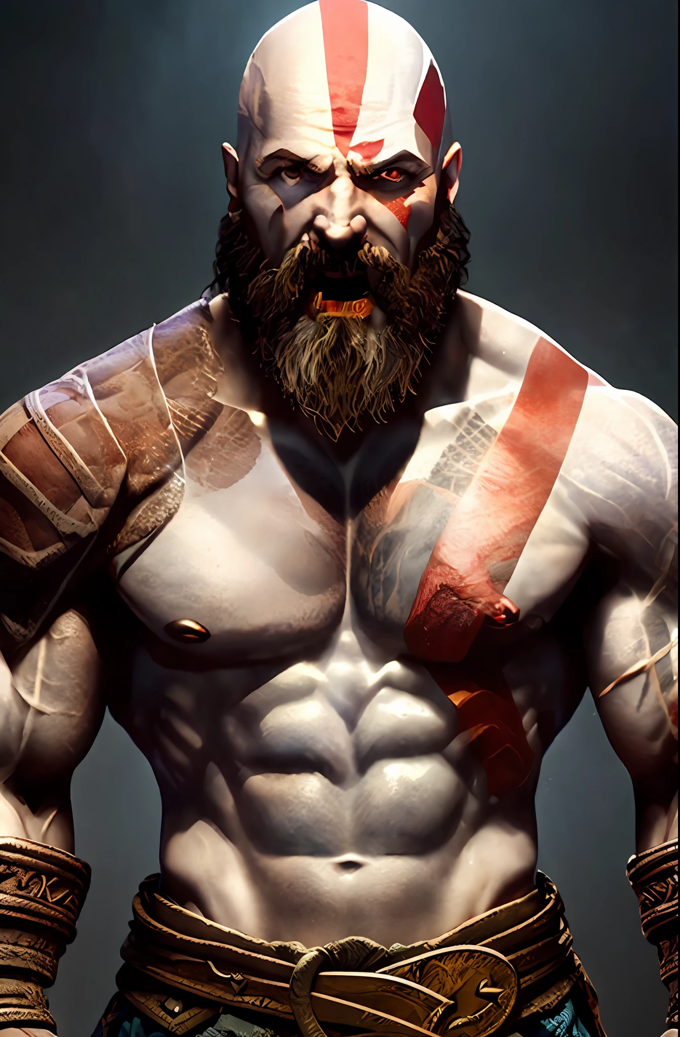 Game God of War, a portrait of a debauched smile, toxic, muscle, god, elder, realistic epic, faded, (((hdr)))), hyperdetailed, cinematic, warm lights, intricate details,Dwayne Johnson American actor, the rock