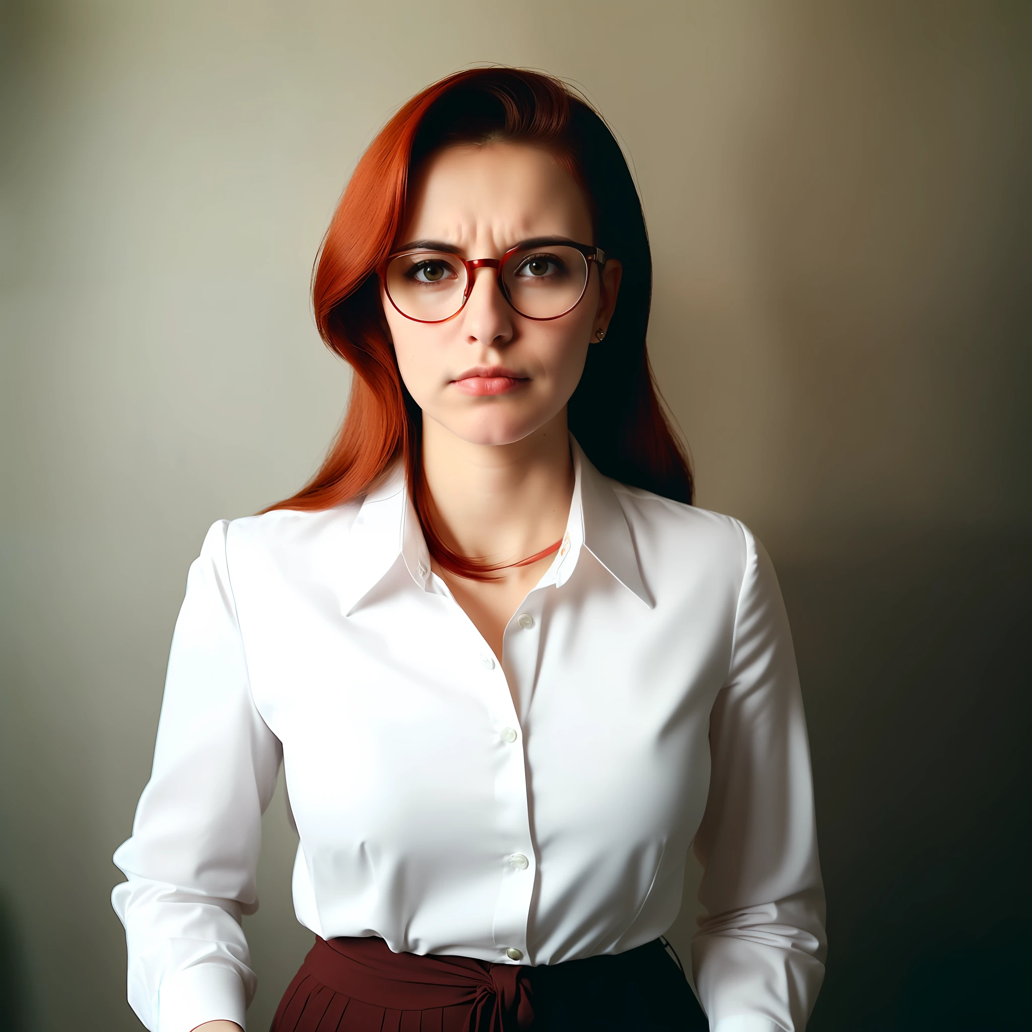 Photograph of a beautiful woman, with an image from the waist up, with glasses, with a brown feminine suit and a white shirt underneath, red hair, serious expression
