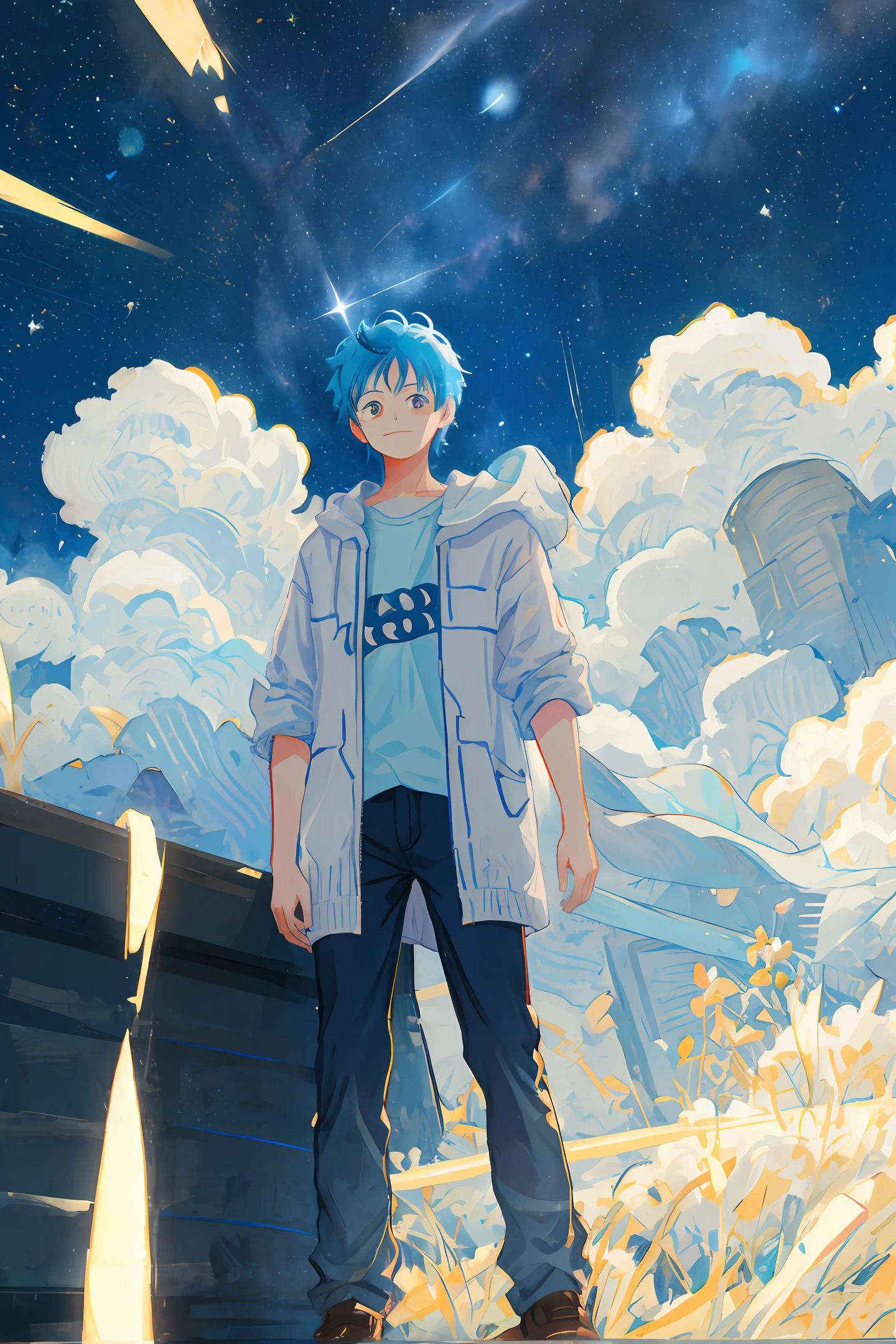 Luffy at the head of the ship Sunny with the view of the galaxy