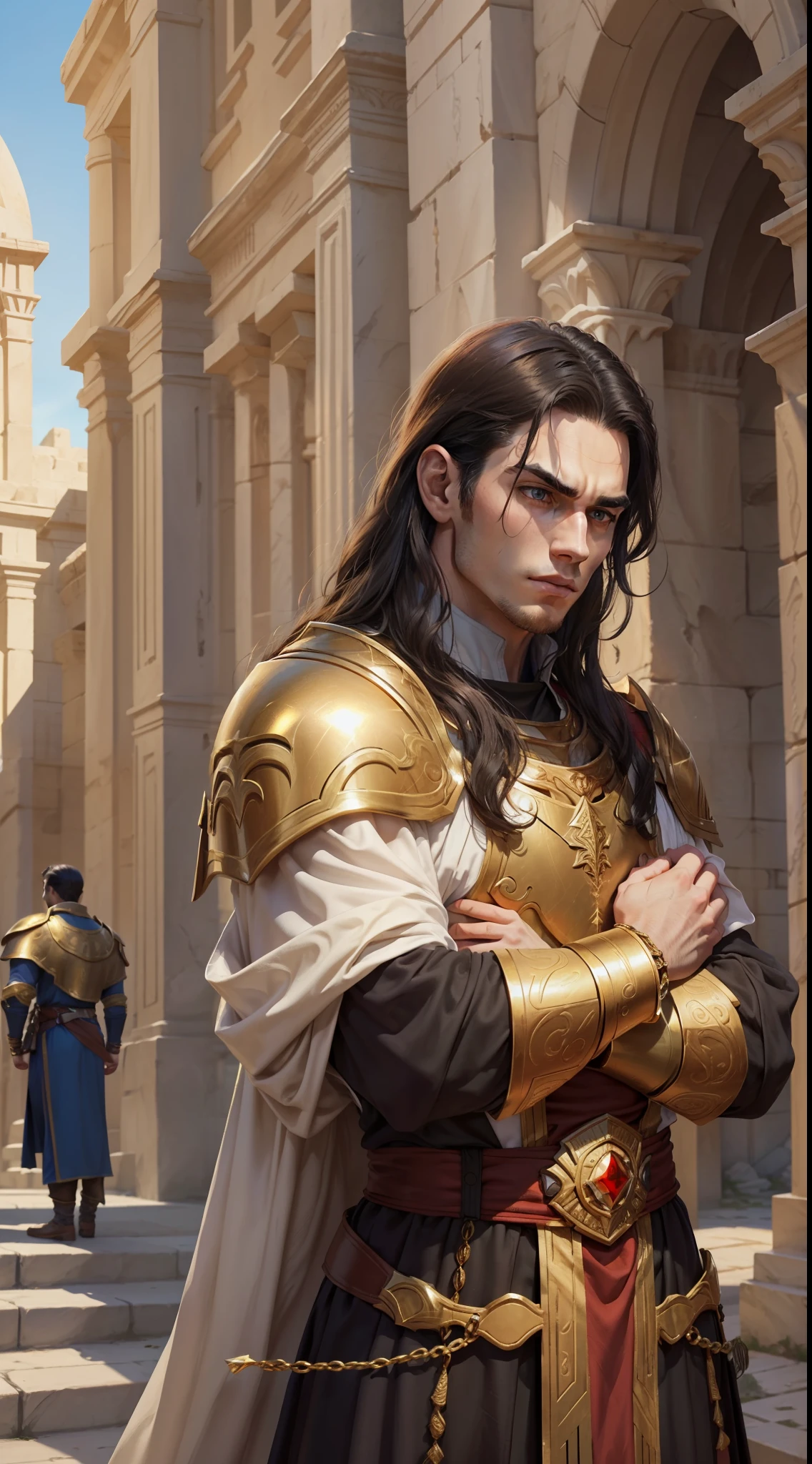 A young man, (((solo)))), (25 years old, pale skin, strong brute body, tall, pale skin, round face, square jaw, brown eyes, long black hair, thick eyebrow), (he has a small red jewel in the middle of his forehead: 1.30) (he is a paladin, wears a costume of long fabric, of red and white colors, with shoulder pads and golden bracelets), He is praying in an ancient city, with white marble structures, blue sky, close-up, medieval fantasy
