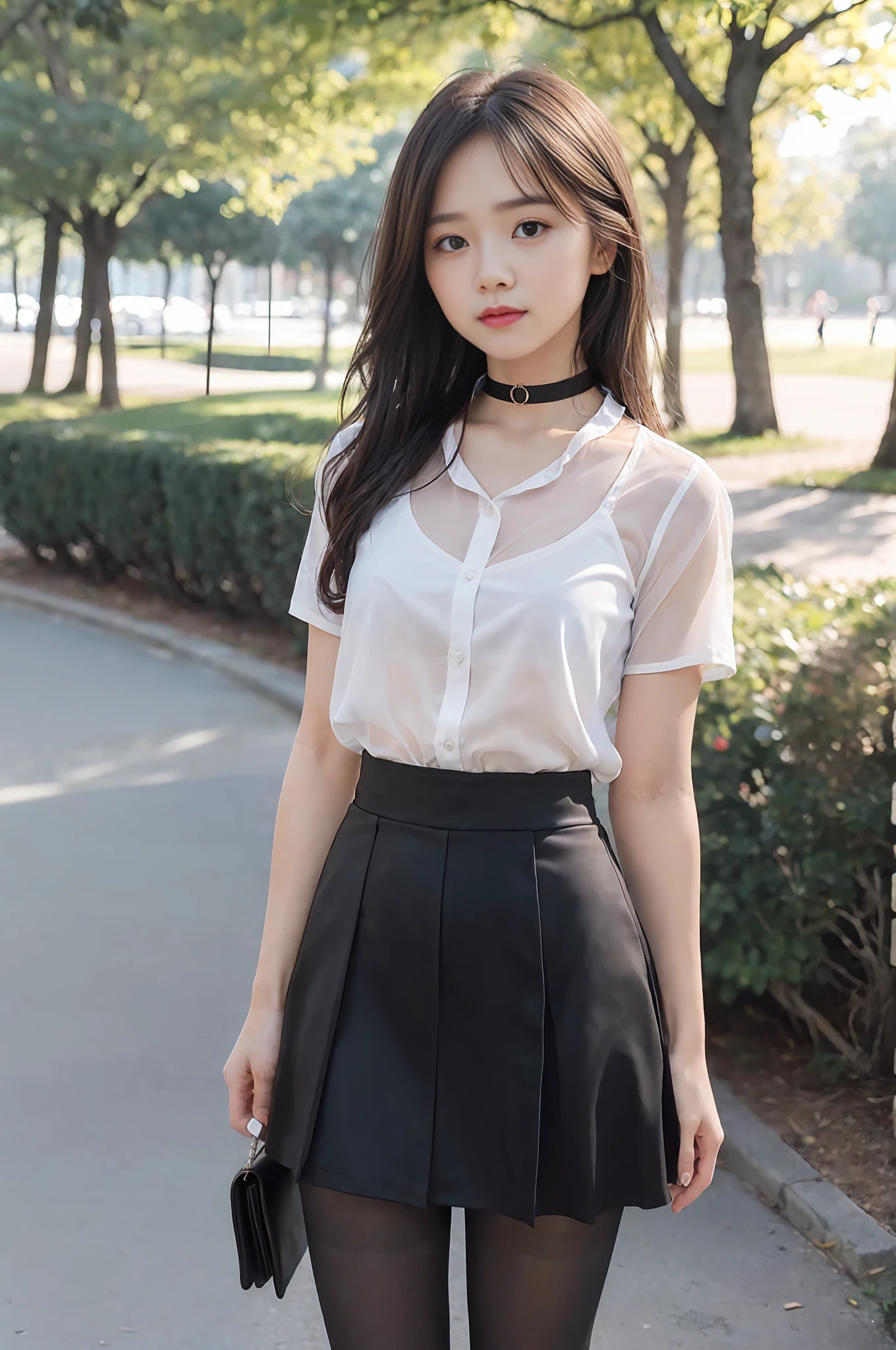 18-year-old female, baby face, RAW photo, bokeh, (realism: 1.4, realistic), high-definition CG unified 8K wallpaper, 1girl, ((slim body: 1)), (medium breasts: 2), return to the viewer, ((direct view from the front)), (HQ skin: 1.4), 8k UHD, DSLR, soft light, high quality, film grain, fujifilm XT3, ((uniform, micro mini skirt, Metal Choker, See-Through Shirt: 1.5)), ((Outdoor, in the Park))), ((Long Hair, Black Pantyhose, Medium: 1.2)), (Full Body Portrait: 1.4), (Viewers: 1.4), (Red High Heels: 1·2), (Full Body: 2)