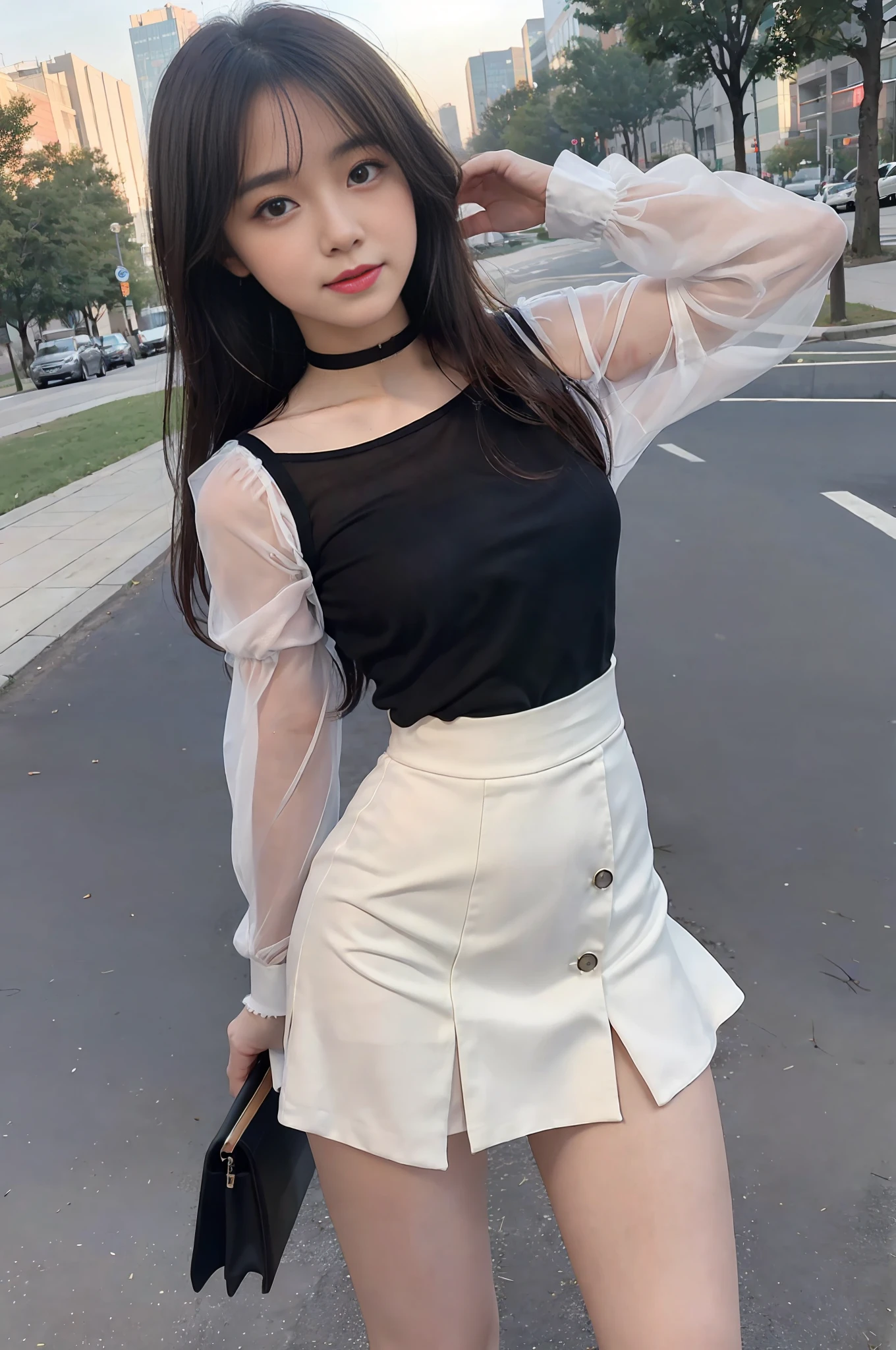 18-year-old female, baby face, RAW photo, bokeh, (realism: 1.4, realistic), high-definition CG unified 8K wallpaper, 1girl, ((slim body: 1)), (medium breasts: 2), return to the viewer, ((direct view from the front)), (HQ skin: 1.4), 8k UHD, DSLR, soft light, high quality, film grain, fujifilm XT3, ((uniform, micro mini skirt, Metal Choker, See-Through Shirt: 1.5)), ((Outdoor, in the Park))), ((Long Hair, Black Pantyhose, Medium: 1.2)), (Full Body Portrait: 1.4), (Viewers: 1.4), (Red High Heels: 1·2), (Full Body: 2)