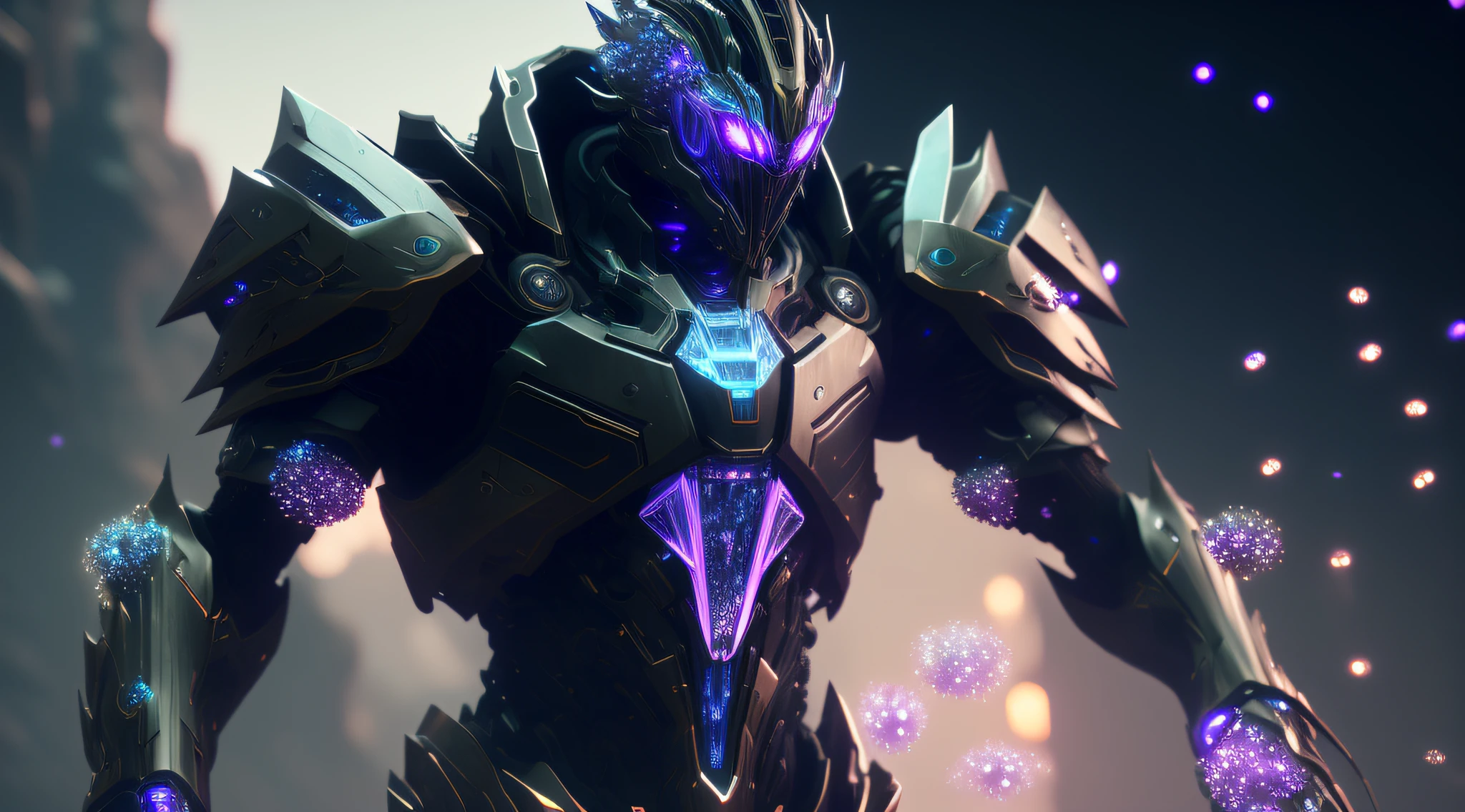 a RAW clean-look photograph of a tall cyberpunk finely detailed armour made of black titanium and (glowing:0.5) (purple:0.5) amethyst , power suit, high depth, crystal, visible wires and microchip, holograph, crystal (transparent:1.9)torso, wires inside of body, imposing, elegant, for men, modern minimalism, low poly lines, glitch core, dreamy, badass, dystopia, godlike, mysterious, midjourney, cinematic lighting, 3D render, blender cycles, octanerender, warframe, high poly, glow, color dodge,deep dark background, high depth, artstation, deviantart, exteel, thin waist, electronics, angry, anger, extremely intricate and detailed scratched up armor, low saturation, (unreal engine 5:1.5), (4k:2), tiny dust floating speckles, tiny shimmering glowing (particles:1.6), art by greg rutkowski, (concept art draft:1.7), (thousands of small glowing particles emanating from arms:1.8), (clean background:1.8), (magnetic pulling forces:1.5) (wide angle:1.8) (visible face anger:2), (female body:2), ninja, hoodie, assassin