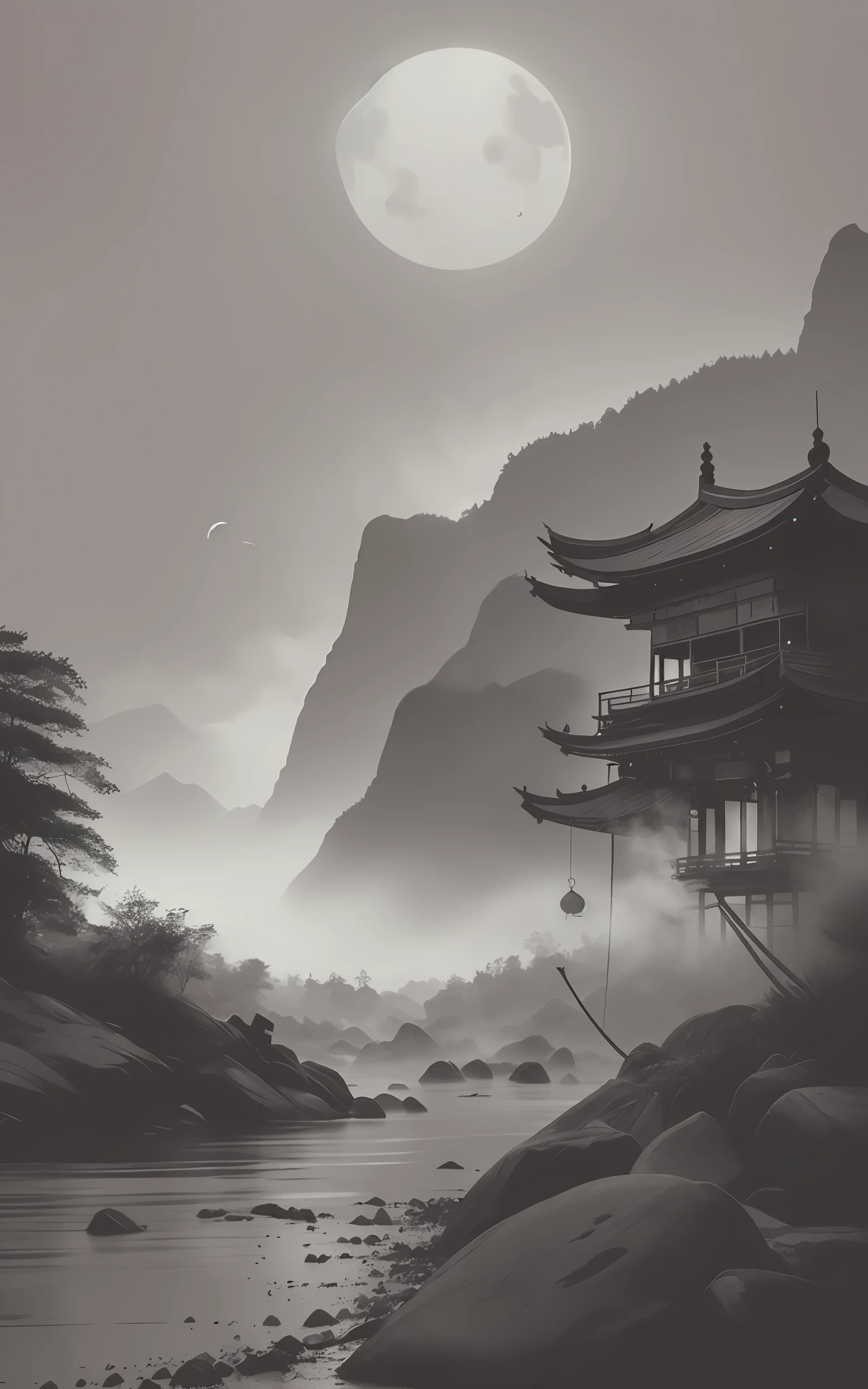 (((best quality))), the light and shadow effects are fine and touching, the details are more real, the lens effect foils, the painting style is quiet and calm, the aesthetic artistic conception details, under the moonlight and shadow, reflect the deep affection and loneliness of Jiangnan water town.