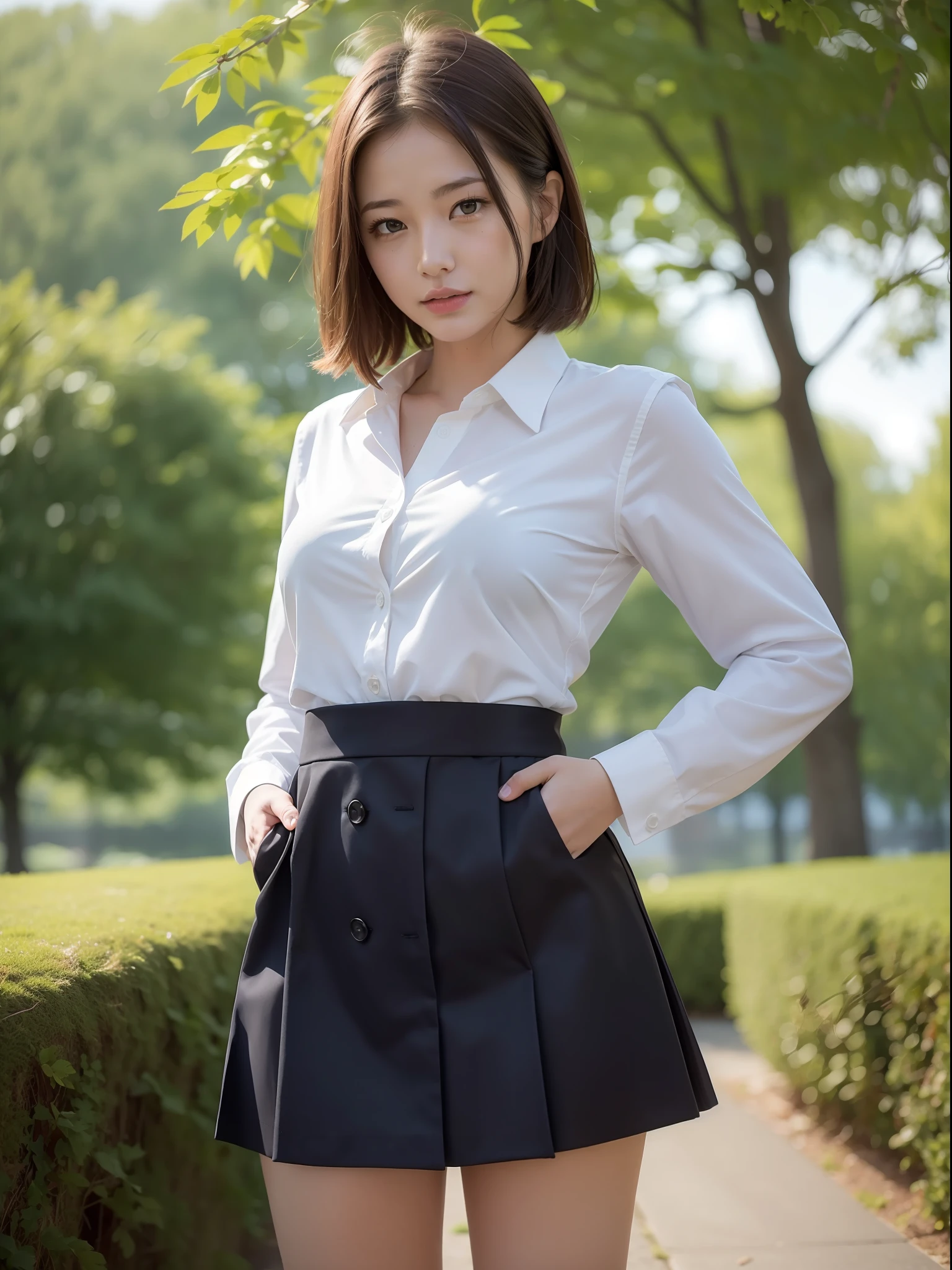 ((Best quality, 8k, Masterpiece: 1.3, raw photo)), Sharp focus: 1.2, (1 AESPA girl: 1.1), (realistic, photo-realistic:1.37), face focus, cute face, kindness, small breasts, flat chest, brunette short messy hair, standing 
hands on hips, wet, business suit skirt, white shirt, rain, garden, park, sunlight, cinematic lighting