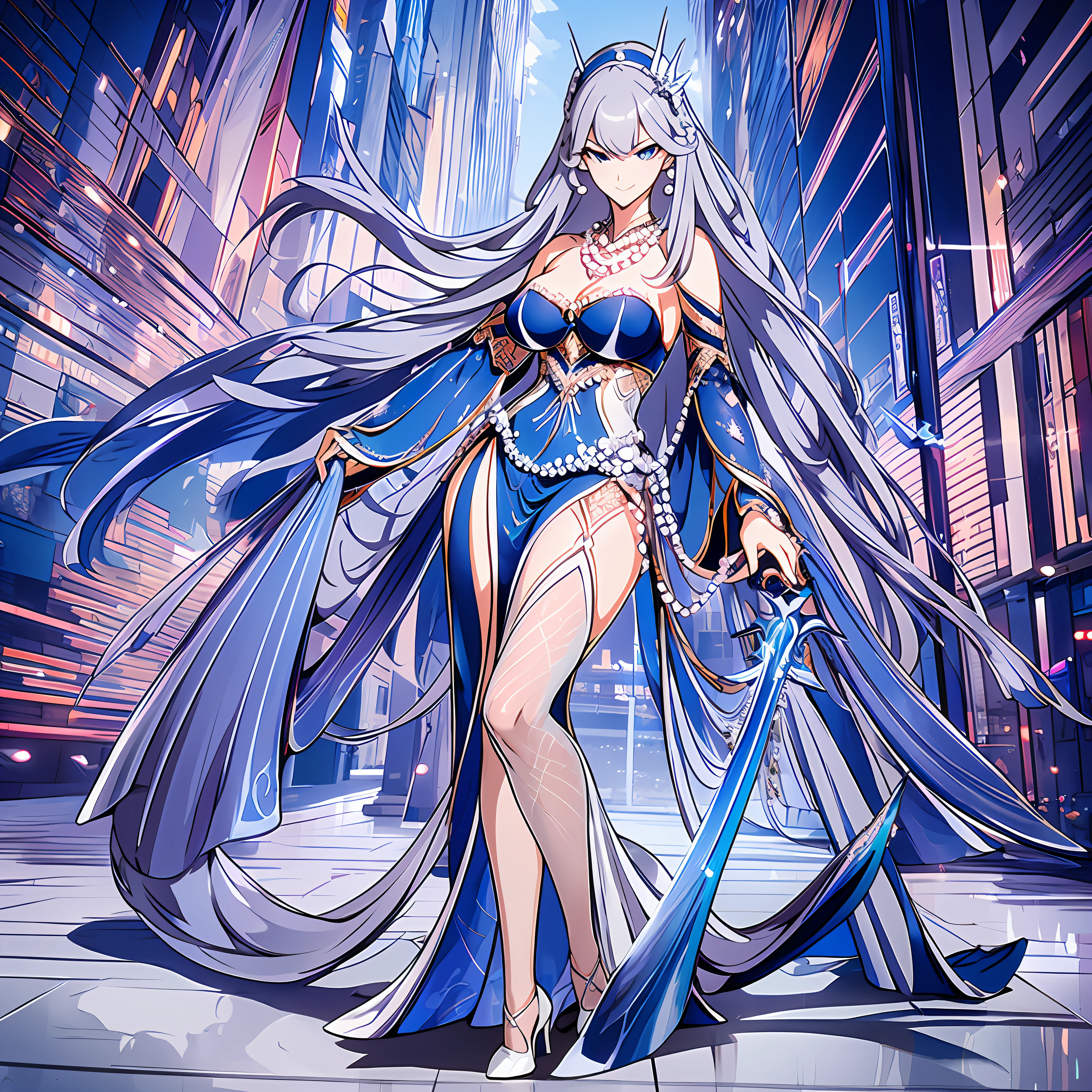 Masterpiece, 30 years age, female, long Silver hair, wearing mermaid headband, pearl necklace, Slanted eyes, blue navy sexy dress, high heels, Attack mode, holding a dragon sword, smile expression, with a sharp gaze, beautiful face, full body, zoom out