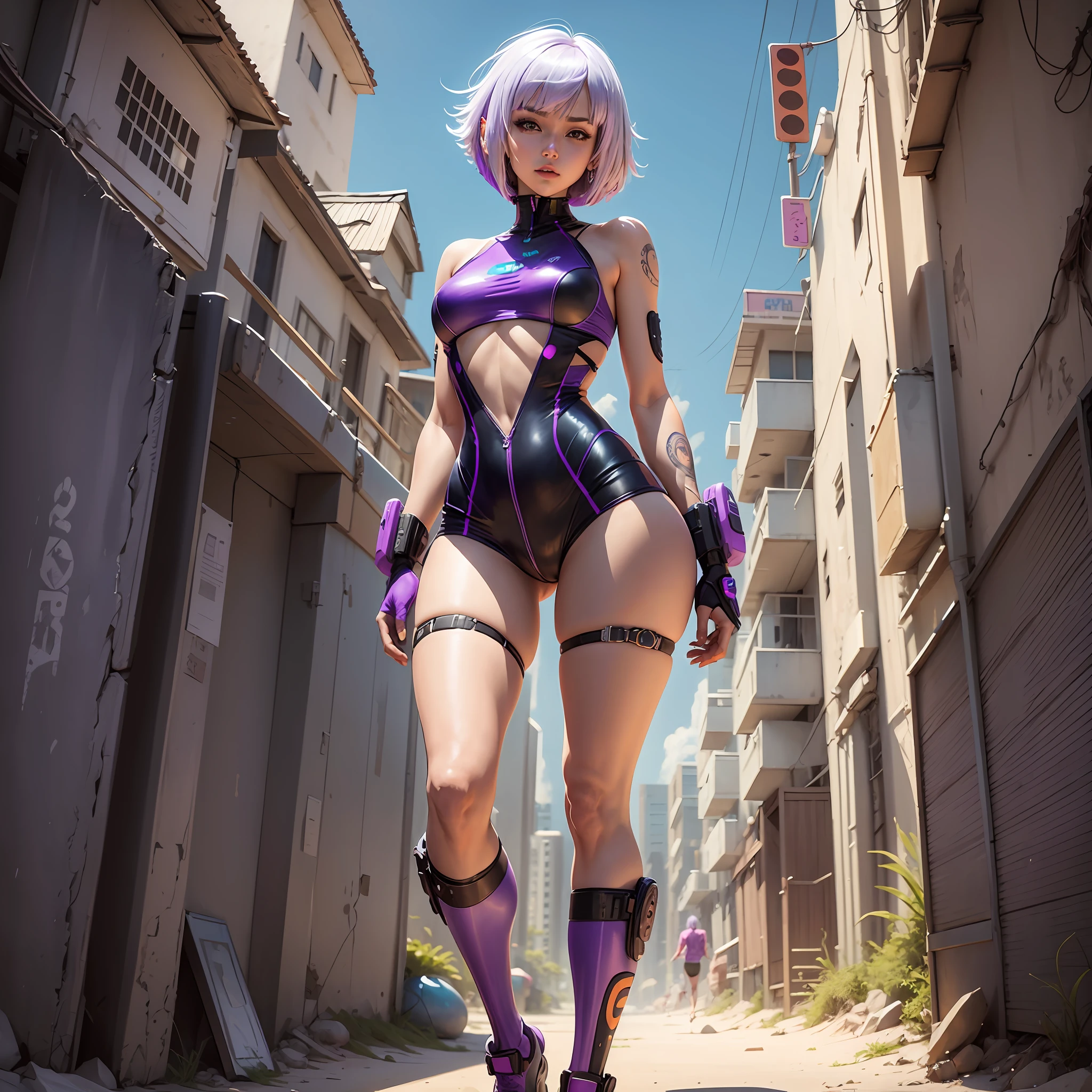 Cyberpunk, anime like, full body, purple hair, woman, island, sunny background, orange backlight, sci-fi swim suit, swim suit tech , beach, photo of body, sexy , Bob cut hair, white hair --auto --s2