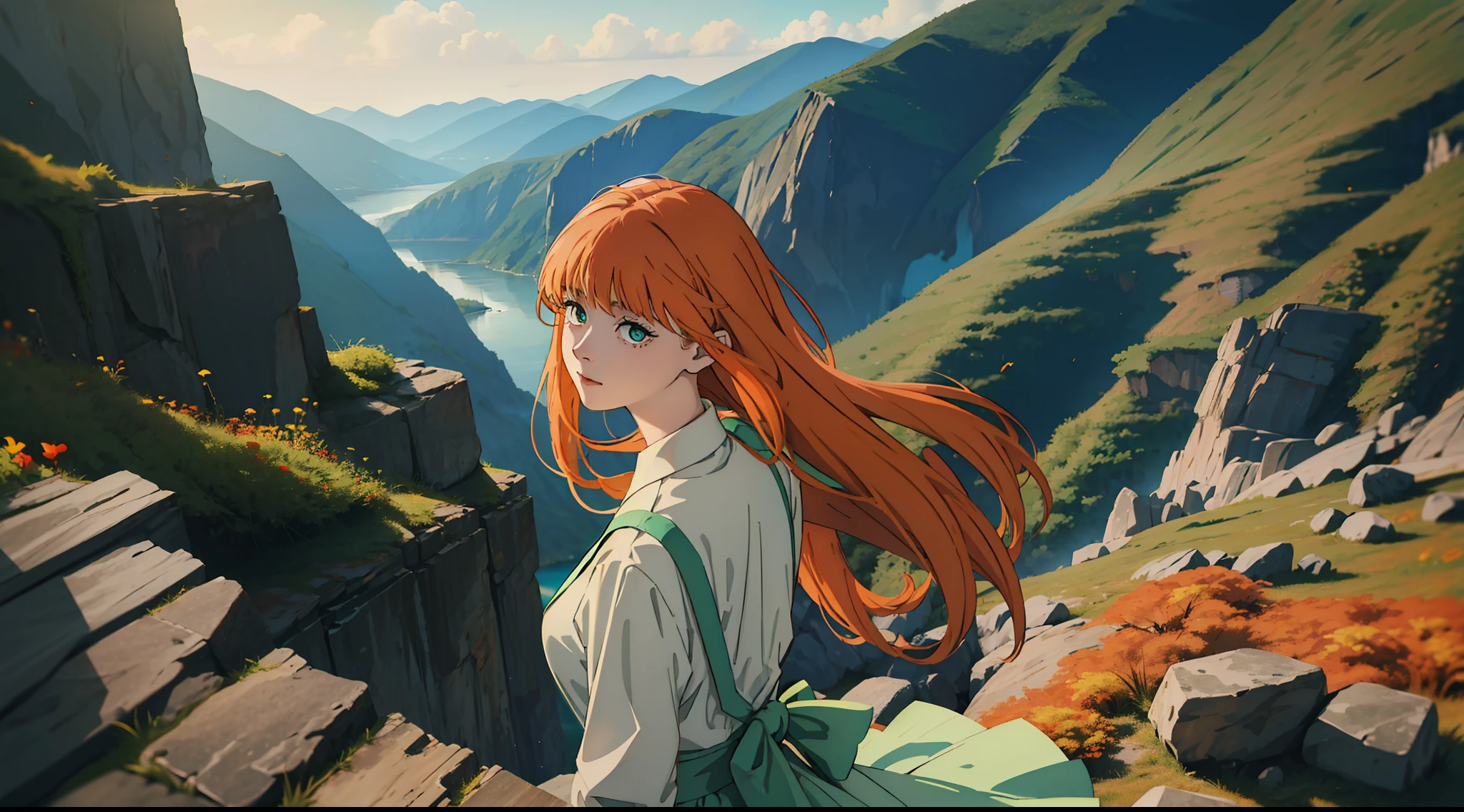 Extremely detailed, wind, anime intonation, vibrant colors, vivid, lighting going to extreme light and extreme shadow, focused on the color green, a woman on her back looking at a landscape from the tip of a precipice with grasses and leaves with autumn colors, red dress, long blonde hair, wind, skin is tanned, the woman has to be highlighted with light in her hair and dress,  leaving both transparent, landscape to which she is looking over the precipice is an extremely green environment, full of trees, villages, mountains (no bigger than where the woman is), with a lot of wind and fluttering leaves everywhere, at the end of this landscape a giant tree, much larger than the mountains, the seas are reflective and the flora has strong shadows,  volumetric lighting, unreal render, octane render, perfect face, perfect dress, perfect hands, perfect face, perfect eyes, ray tracing reflections, ray traced, rtx, hdr, sharpen, cinematic, fantasy atmosphere, leaves flying everywhere to give the feeling of strong wind, extremely strong lighting and shadow, variations between black and light green, mushrooms, flowers, butterflies, bright lights, sun light on every woman,  Sun in the background reflecting throughout the landscape, only nature, no construction shadows and lights 2 times stronger, extremely blue sky with white clouds, transparent red dress, strong colors